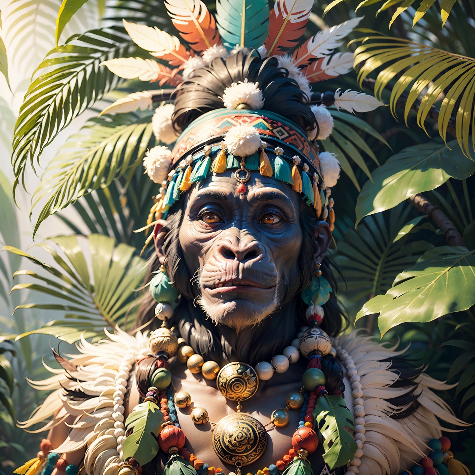 Cheerful Chimpanzee Head ((Shaman)),((meditative state),,Shaman, elegant chimpanzee, hair with details, with Indian headdress on head, ((meditating)) many colorful feathers, colored feathers, facing the camera, detail: dense tropical foliage, highly detailed intricate, ((masterpiece)), ultra hyperrealistic, masterpiece