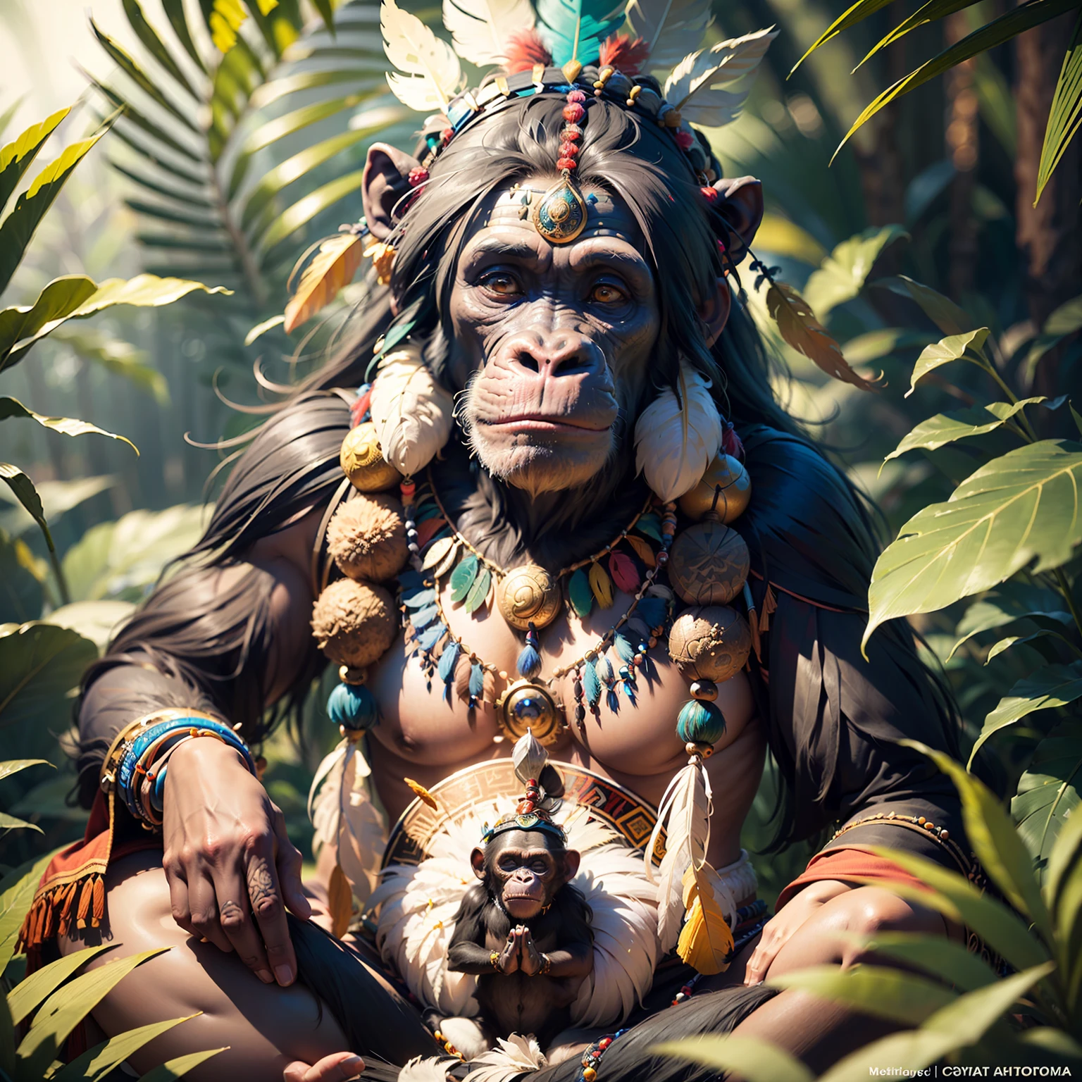 Cheerful Chimpanzee Head ((Shaman)),((meditative state),,Shaman, elegant chimpanzee, hair with details, with Indian headdress on head, ((meditating)) many colorful feathers, colored feathers, facing the camera, detail: dense tropical foliage, highly detailed intricate, ((masterpiece)), ultra hyperrealistic, masterpiece