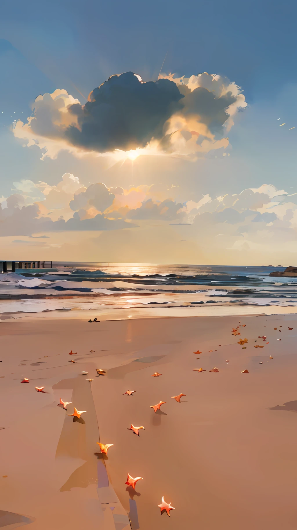there are many starfishs on the beach at sunset, beach landscape, which shows a beach at sunset, at the beach on a sunset, on the beach at sunset, artistic interpretation, inspired by Georg Friedrich Schmidt, serene beach setting, on the beach during sunset, digitally painted, at beach at sunset, beach, seashore, sunset at the beach