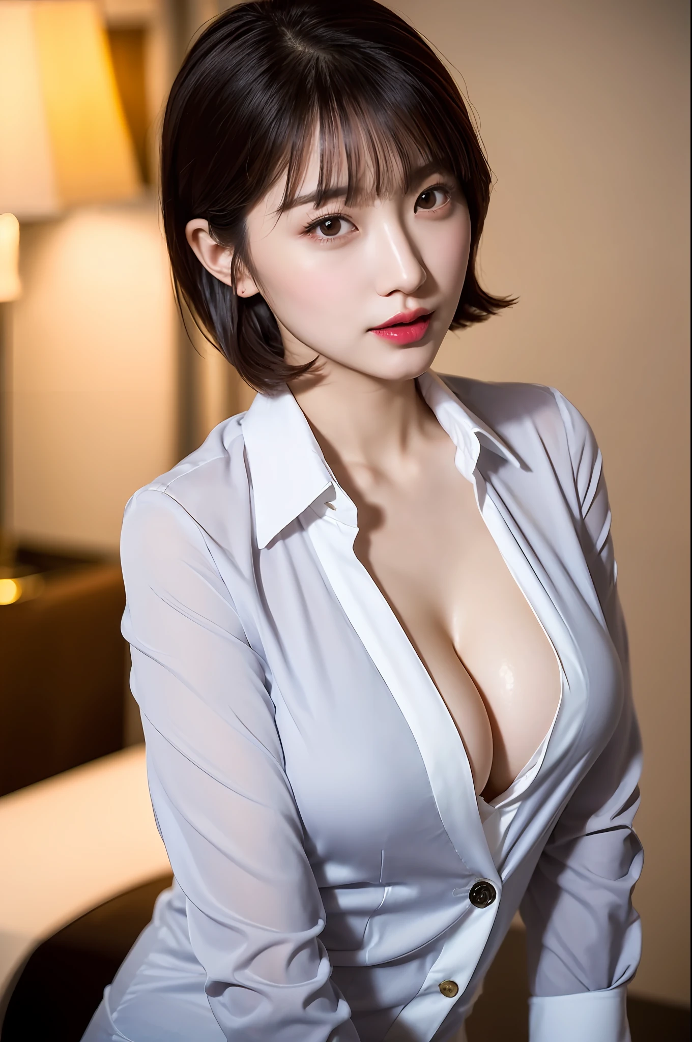 1girl,Ultra detailed skin,Ultra fine,Looking,Brown eyes,Drooping eyes,High detail,(Shoulder-length short hair with bangs:1.2),(Photorealistic:1.4),(Best Definition:2.0),(Ultra High Definition:1.0),16K, (Masterpiece:1.5),(pureerosface_v1:1.5),Big eyes,Big breasts,Cleavage,Dynamic lighting,The skin is wet and shiny, pink glowing lipstick,white beautiful skin,exposed bare skin,(sexual arousal:1.1),business suit,slacks,shirt with white buttons,hotel,26 years old,mature adult body