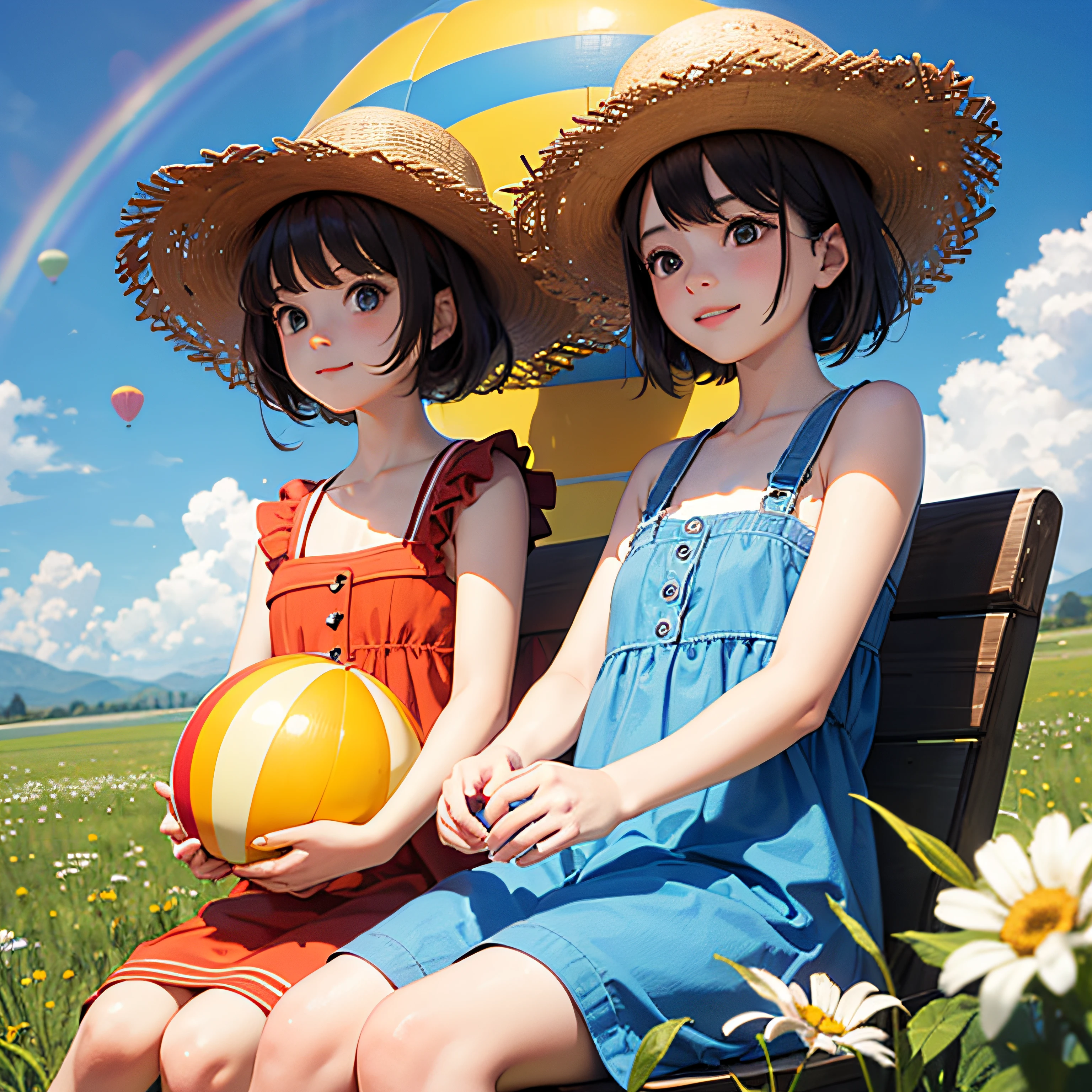 (Masterpiece, best quality) Two children sitting in a hot air balloon flying in the sky, smiling, thin facial features, sun, clear blue sky and white clouds, rainbow, meadow, summer, soap bubbles -V6 --auto