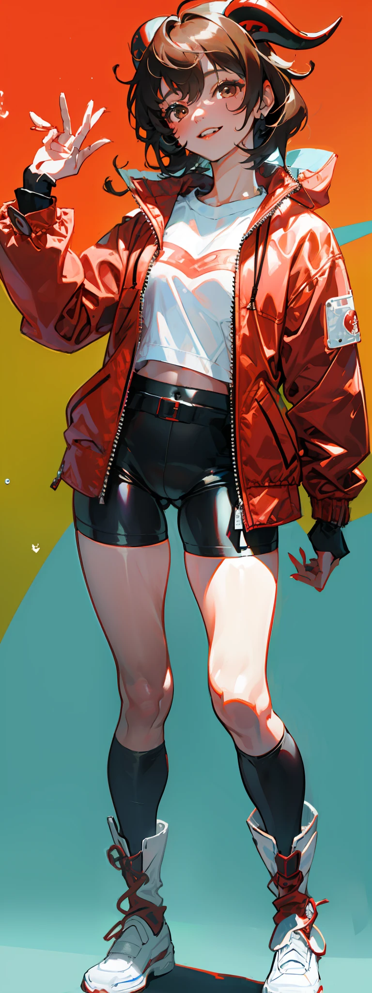 1girl, solo,underwaterbrown hair, brown eyes, parted lips, long sleeves, jacket, simple background, upper body, red background, looking at viewer, teeth, red jacket, lips, cosplay,  full body, smile，motorbike, ganyu, horns