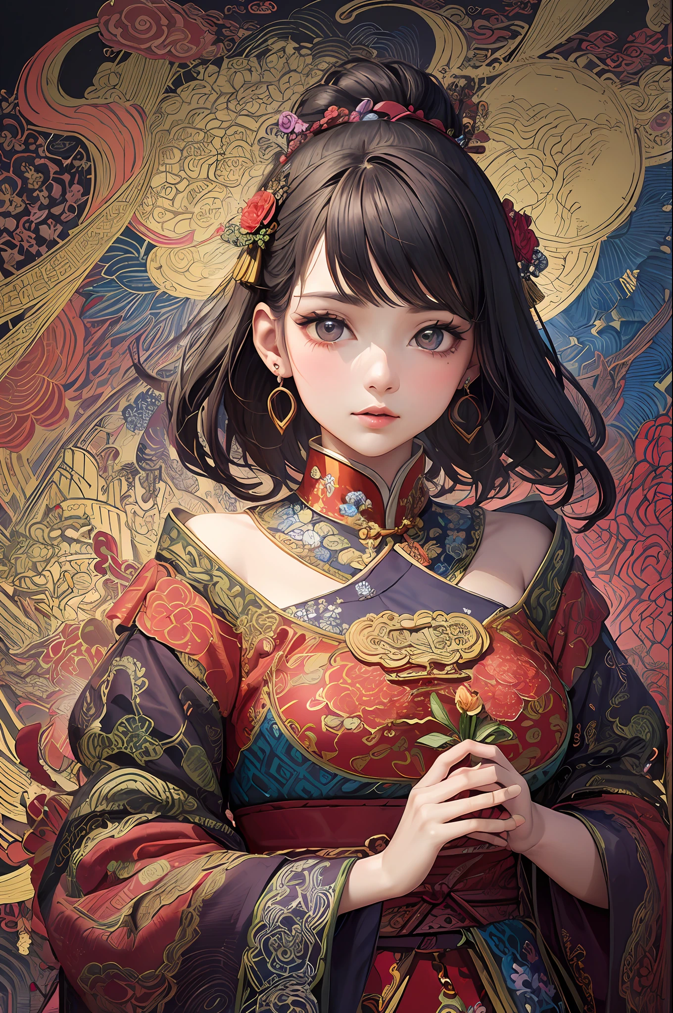 (masterpiece, top quality, best quality, official art, beautiful and aesthetic:1.2), (1girl:1.3), extremely detailed,(fractal art:1.1),(colorful:1.1)(flowers:1.3),highest detailed,(zentangle:1.2), (dynamic pose), (abstract background:1.3), (chinese Traditional cloth:1.2), (shiny skin), (many colors:1.4), ,(earrings:1.4),