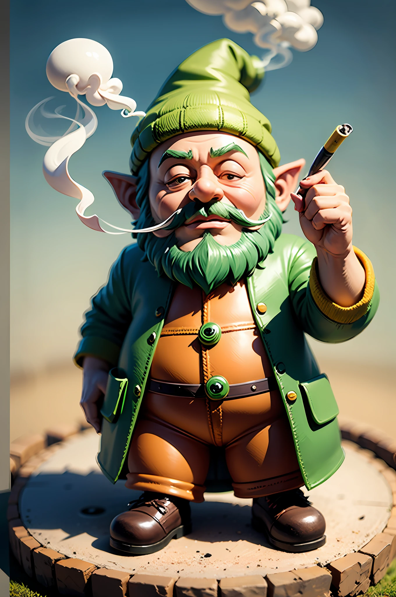Green gnome, smoking marijuana in a pipe