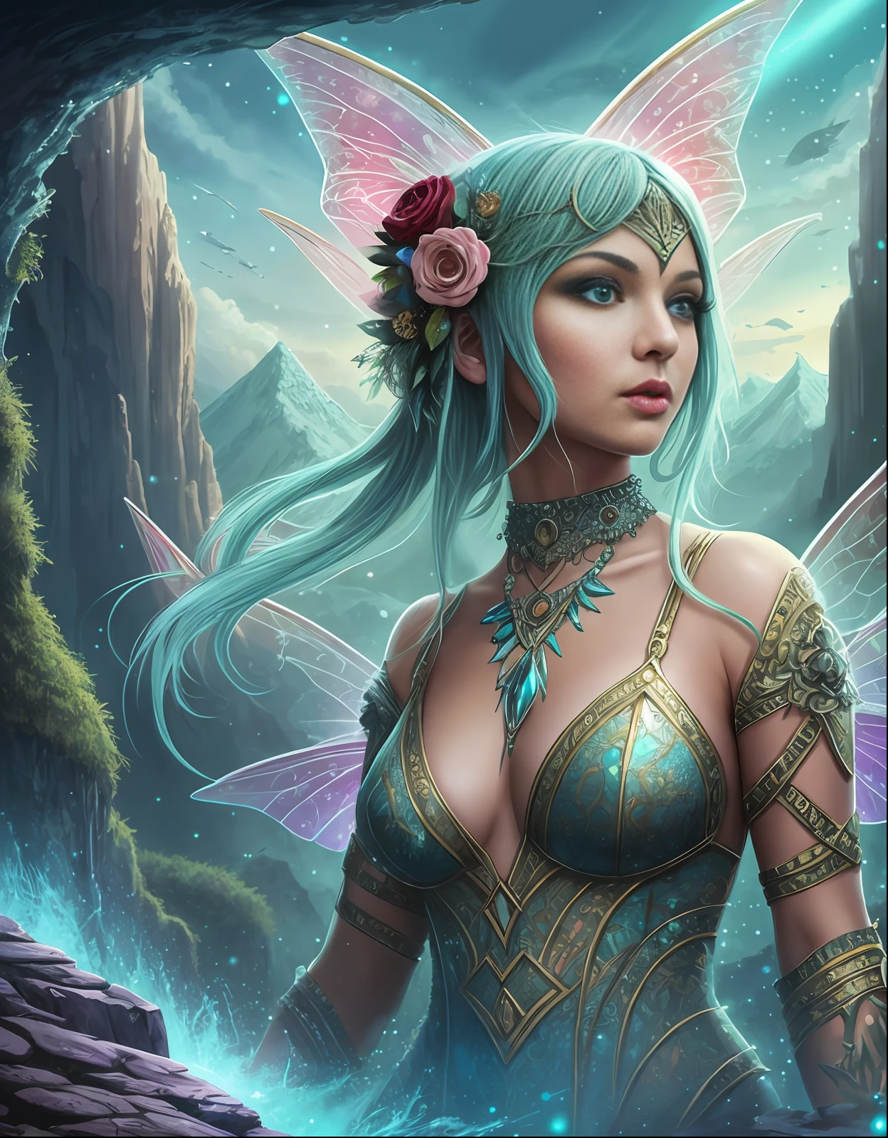 closeup faerie woman, fantasy landscape hd wallpaper for desktop, in the style of fluid formation, celestialpunk, mountainous vistas, crystalcore, dusty piles, traditional oceanic art, high resolution