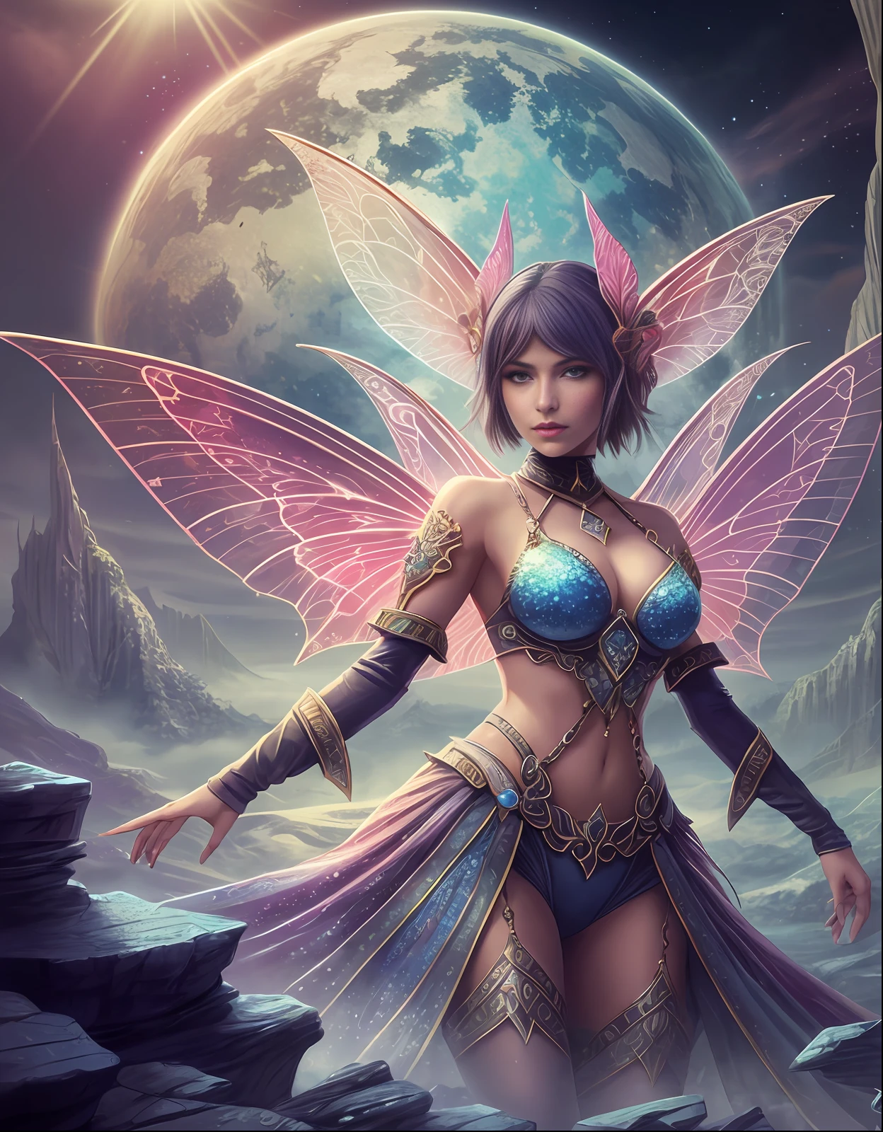 closeup faerie woman, fantasy landscape hd wallpaper for desktop, in the style of fluid formation, celestialpunk, mountainous vistas, crystalcore, dusty piles, traditional oceanic art, high resolution