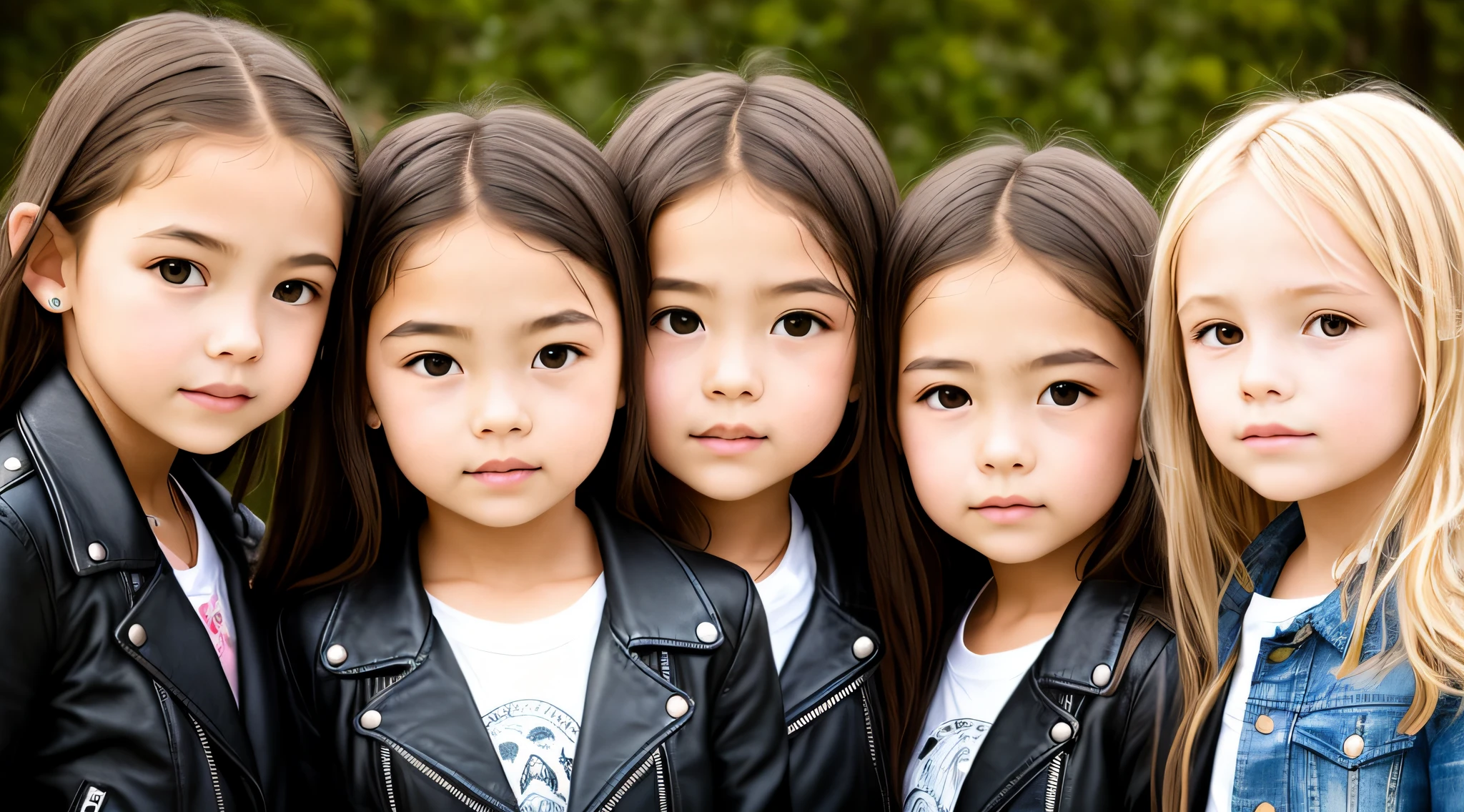 3 GIRLS BLONDE LONG HAIR CHILDREN IN LEATHER JACKET, A close up, DECIBEL