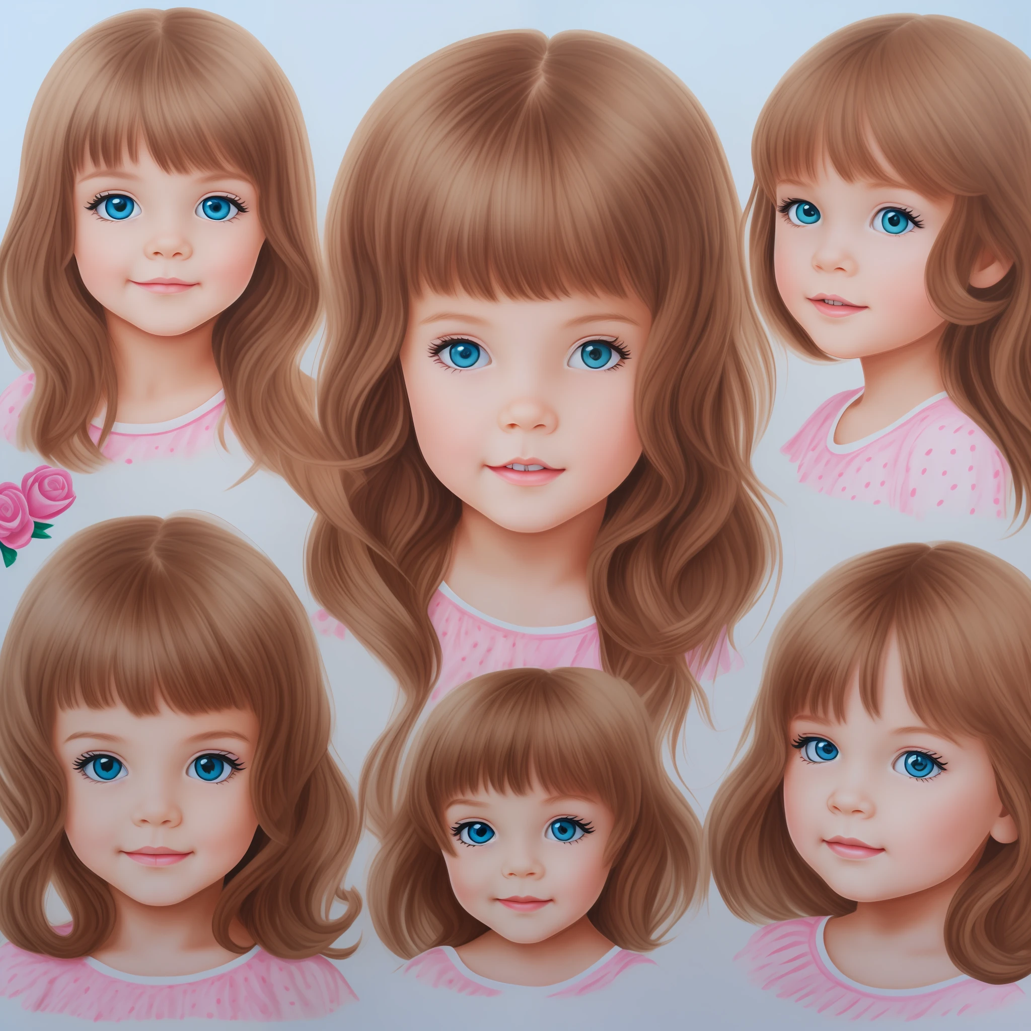 Laura, various poses and expressions on white background, children's drawing illustration style, small girl, with brunette hair, brown eyes, cute, 6 years old, pink dress, full body and ((several different poses))