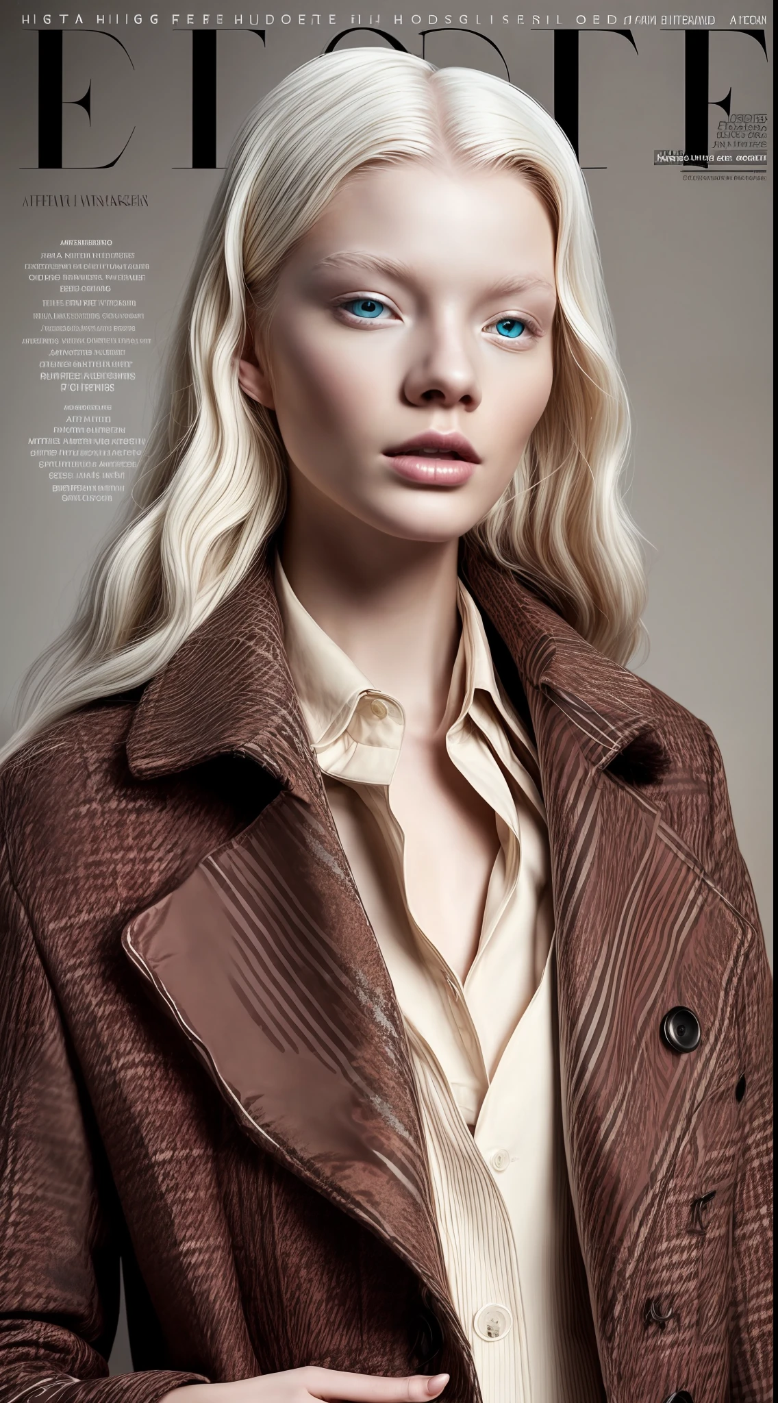 a model ((albino)) with African facial features posing elegant for digital magazine cover editorial photo, wearing winter clothes, ultra modern plaid wool overcoat, vivid colors intense, detailed, haute couture, ultra detailed finishes, cute look, intricate details, magazine cover editorial style photo, high fashion, apply editorial environment, masterpiece, highest quality, ultra detailed, high definition,