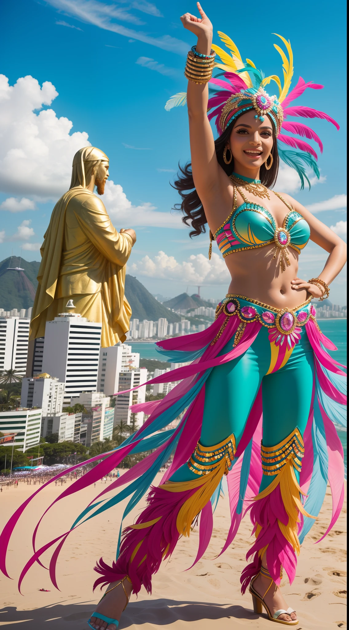 A vibrant and lively city, Rio de Janeiro flaunts a colorful and flamboyant outfit that captures the spirit of carnival. Imagine a person adorned in a vibrant samba costume, with feathers, sequins, and vibrant hues like turquoise, pink, and gold. Rio strikes a pose with arms raised in celebration, with a background of the iconic Christ the Redeemer statue and the sparkling beaches.