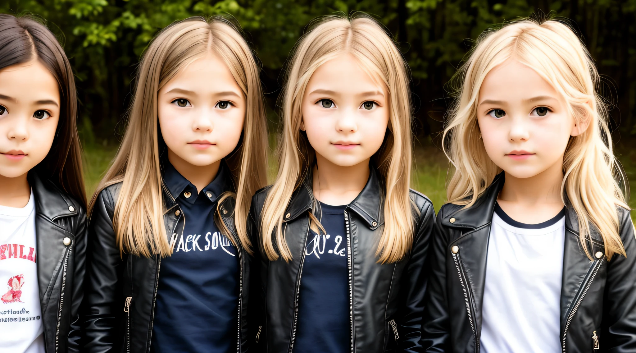 3 GIRLS BLONDE LONG HAIR CHILDREN IN LEATHER JACKET, A close up, DECIBEL