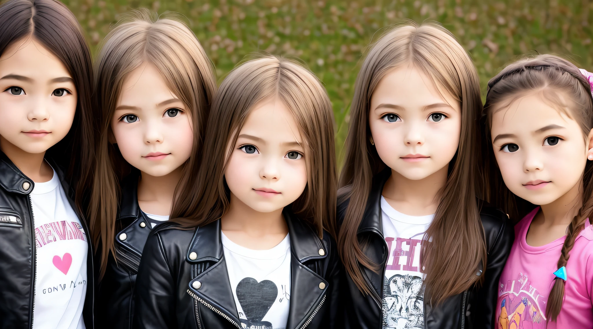 3 GIRLS BLONDE LONG HAIR CHILDREN IN LEATHER JACKET, A close up, DECIBEL