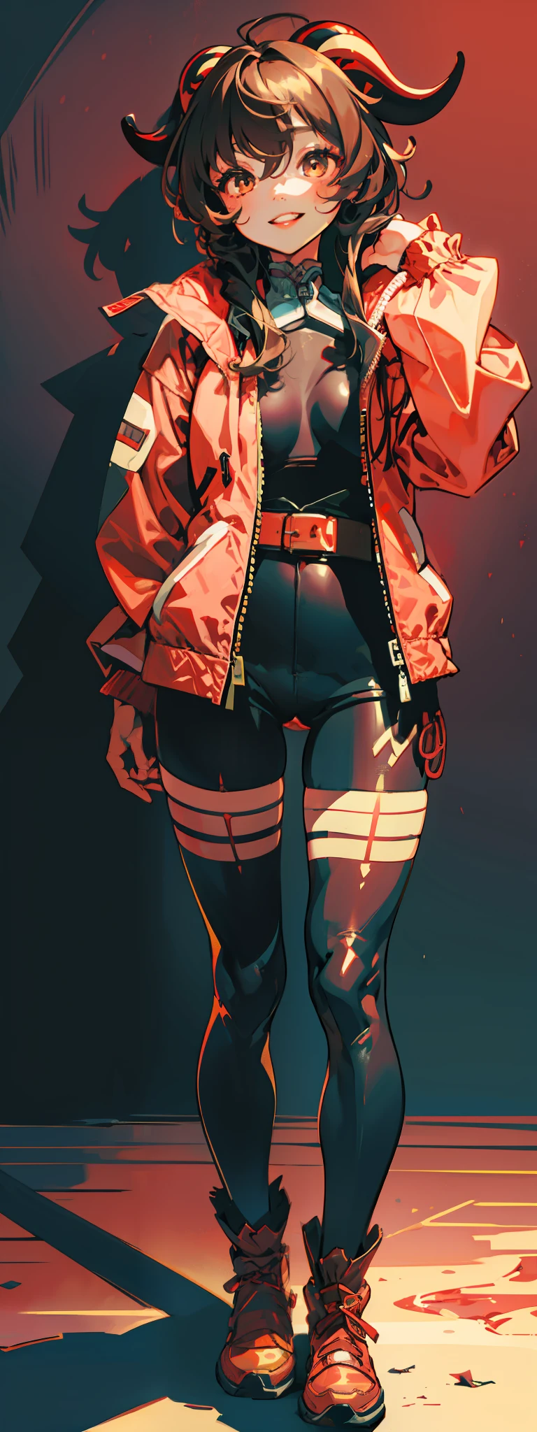 1girl, solo,underwaterbrown hair, brown eyes, parted lips, long sleeves, jacket, simple background, upper body, red background, looking at viewer, teeth, red jacket, lips, cosplay, full body, smile,motorbike, ganyu, horns