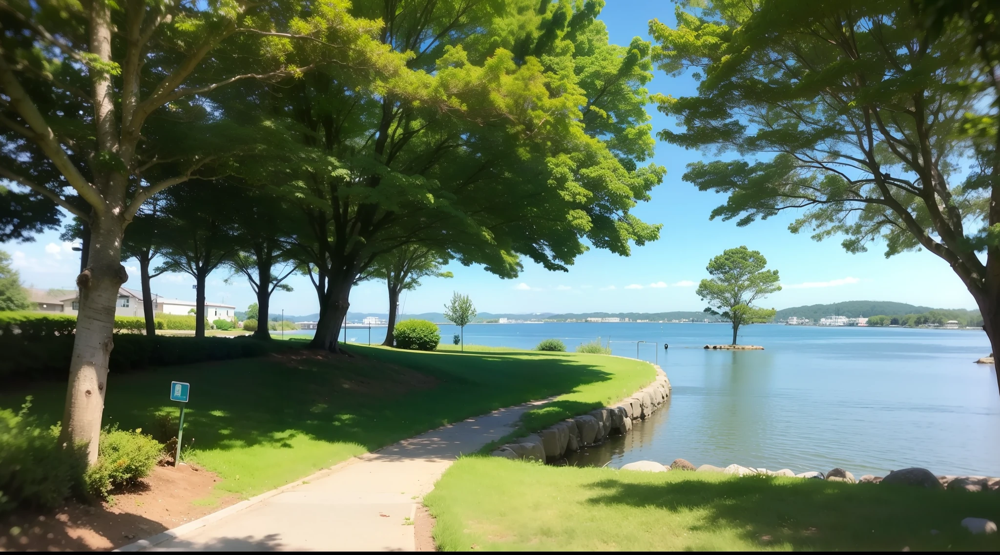 several green lake, transparent, large tree. dinosaur --auto