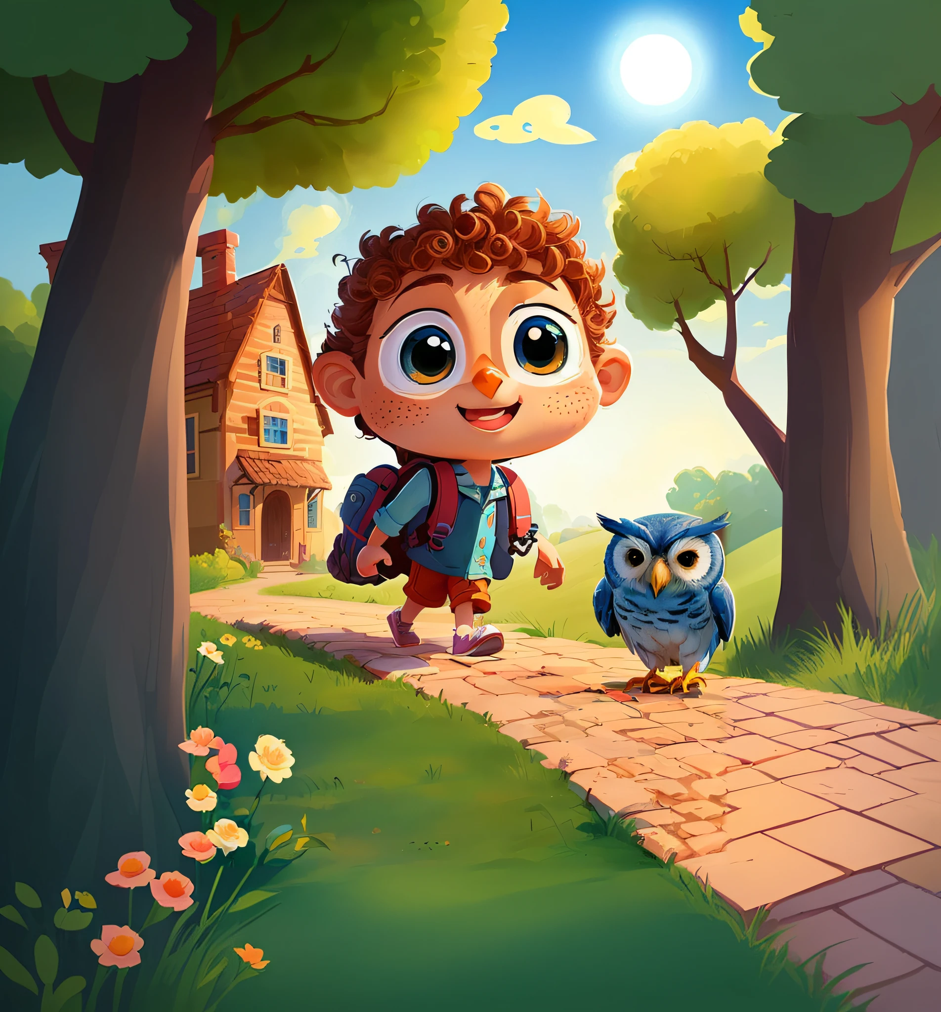 cartoon boy walking down a path with an owl next to him, children's book illustration, colorful children's book illustration, children's art in artstation, children's illustration, children's book illustration, cute detailed digital art, adorable digital painting, children's book illustration, children's book illustration, children's book illustration,  children's book illustration, cartoon style illustration, 4k