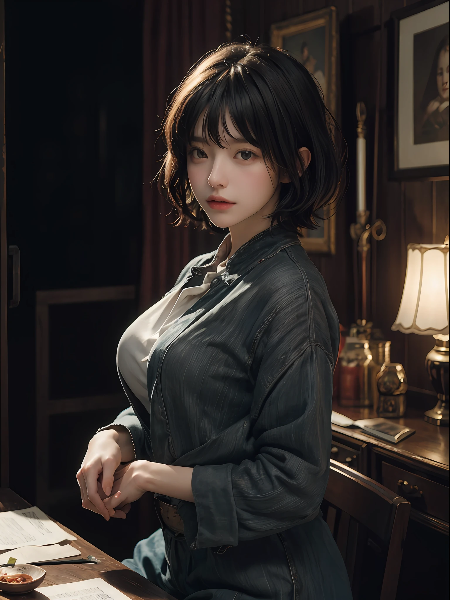 (RAW photo, highest quality), (realistic, photorealistic: 1.3), highest quality, high definition, masterpiece, super detail, illustration, 1girl, whole_body, dynamic angle, world masterpiece theater, messy_long_hair, top quality, highly detailed CG Unity 8k wallpaper, ink, amazing, cinematic lighting, lens_flare, dunhuang_ style, (((short hair)), nice hairstyle, very short, bountiful breasts