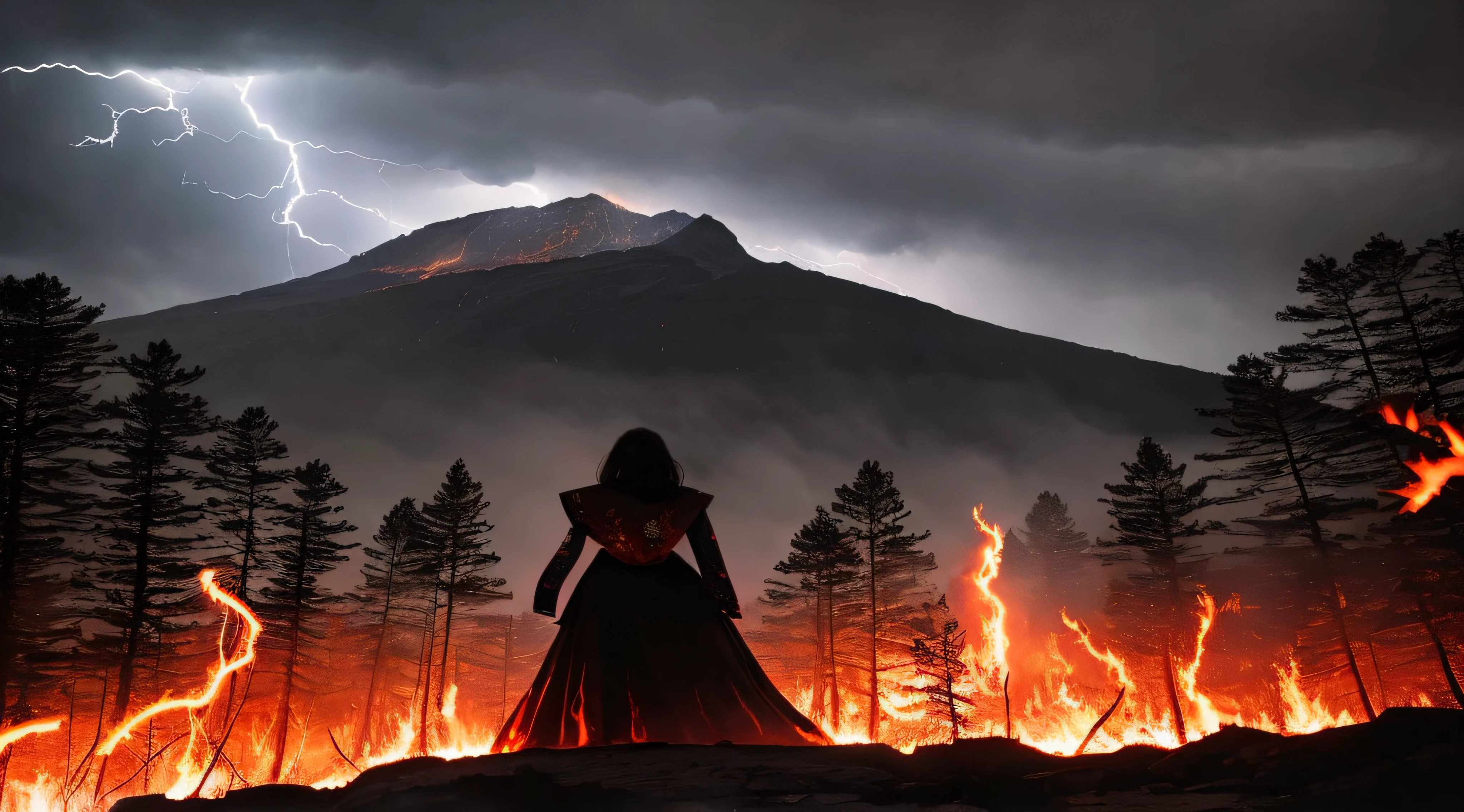 a woman in a long dress standing in front of a mountain with lightning, flames surround her, thunderstorm and fire, splashes of lightning behind her, dramatic backgroung, she is attracting lightnings, goddess of lightning, japanese lightning goddess, dramatic lighting fantasy, evil fire sorceress in the woods, surrounded with fire, the fire queen, lava and fire goddess