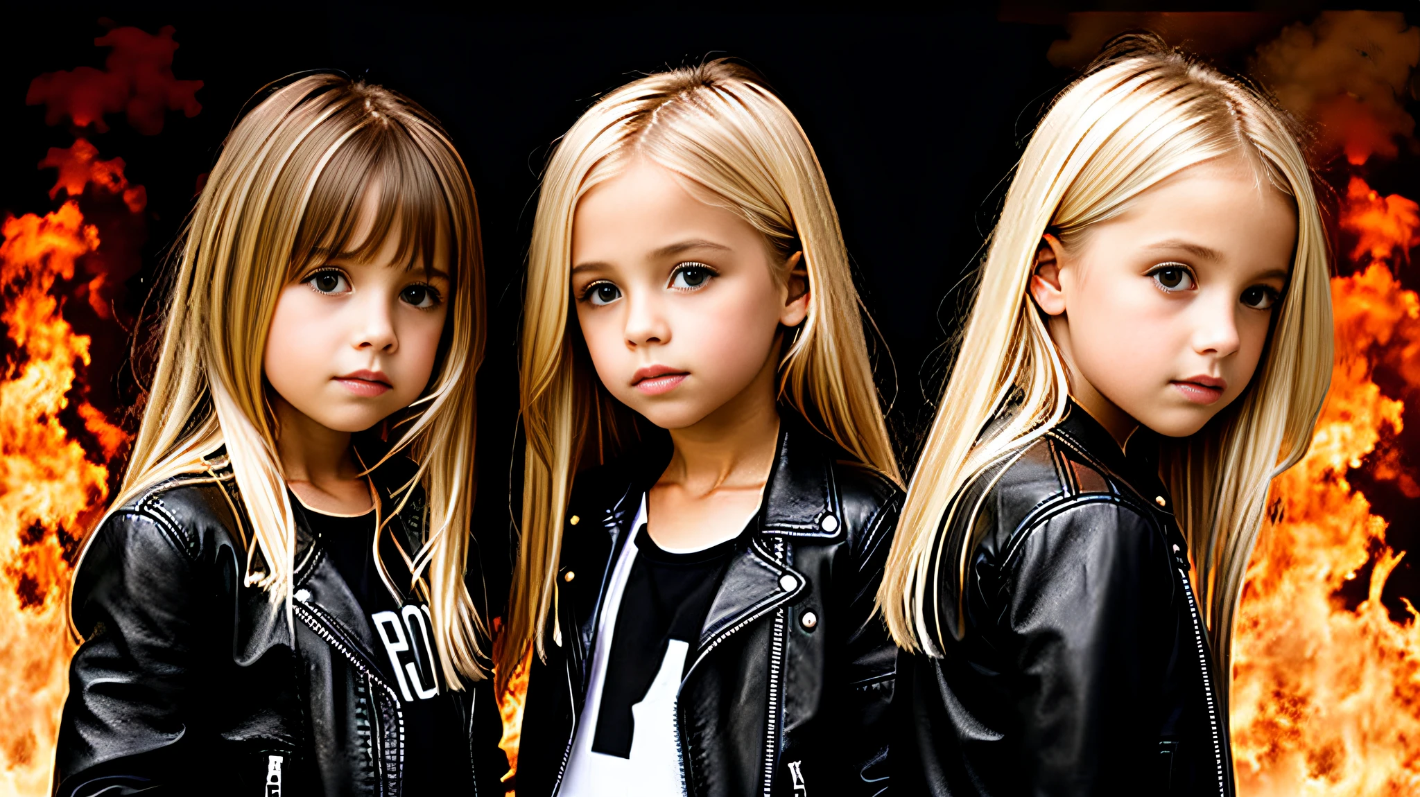 3 GIRLS BLONDE LONG HAIR CHILDREN IN LEATHER JACKET, A close up, DECIBEL