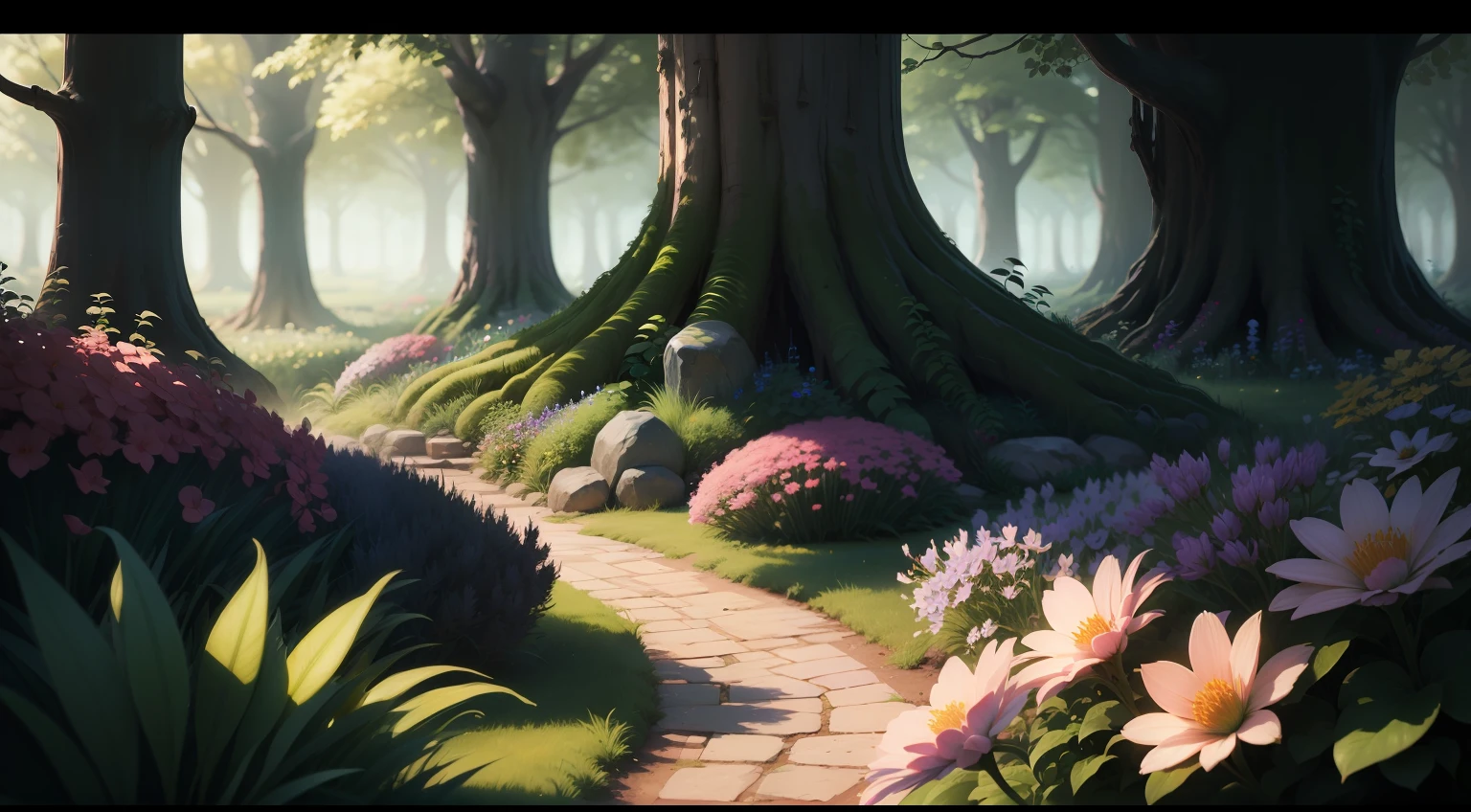 hidden among the trees, magical garden and the lush flowers cinematic colors, vignette, discreet, bright, dark depth of field