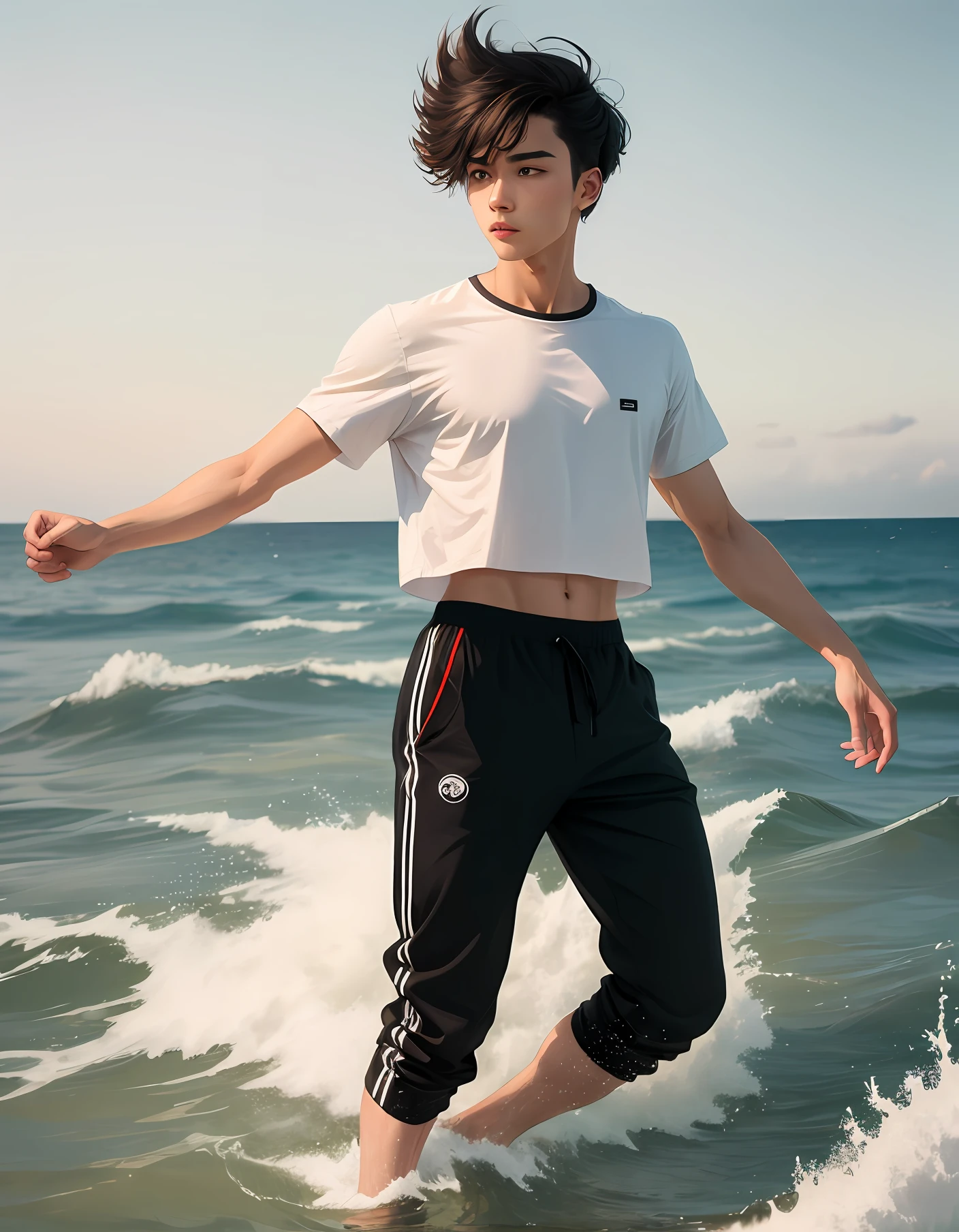Man floating in a sea with beige pants, black sneakers and cropped hair