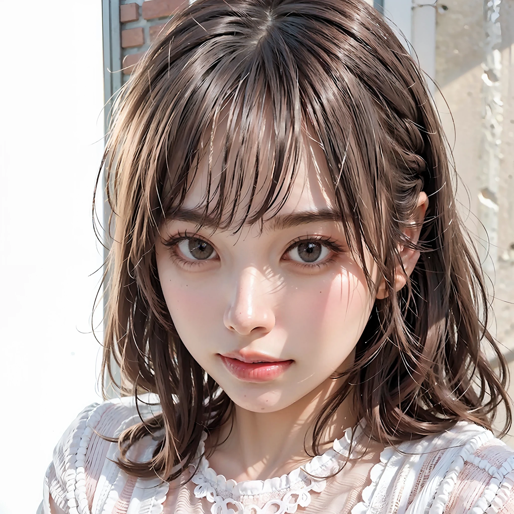 best quality, masterpiece, Japan person, very detailed, complex and detailed face, long eyelashes, elongated eyebrows, one adult woman, (pink eyeshadow: 1.2), upper body, front, white blouse with short sleeves with lace on the collar, beige brick wall background, thin lips, light pink lips, light pink cheeks, simple necklaces, false eyelashes, bob hair, curled hair, brown hair leaning blonde, Arms down, big brown eyes, big eyes, happy expression, slender nose, gentle expression, calm, smile with mouth closed, raise the corners of mouth, giggle, happy expression, calm, slightly separated between eyebrows