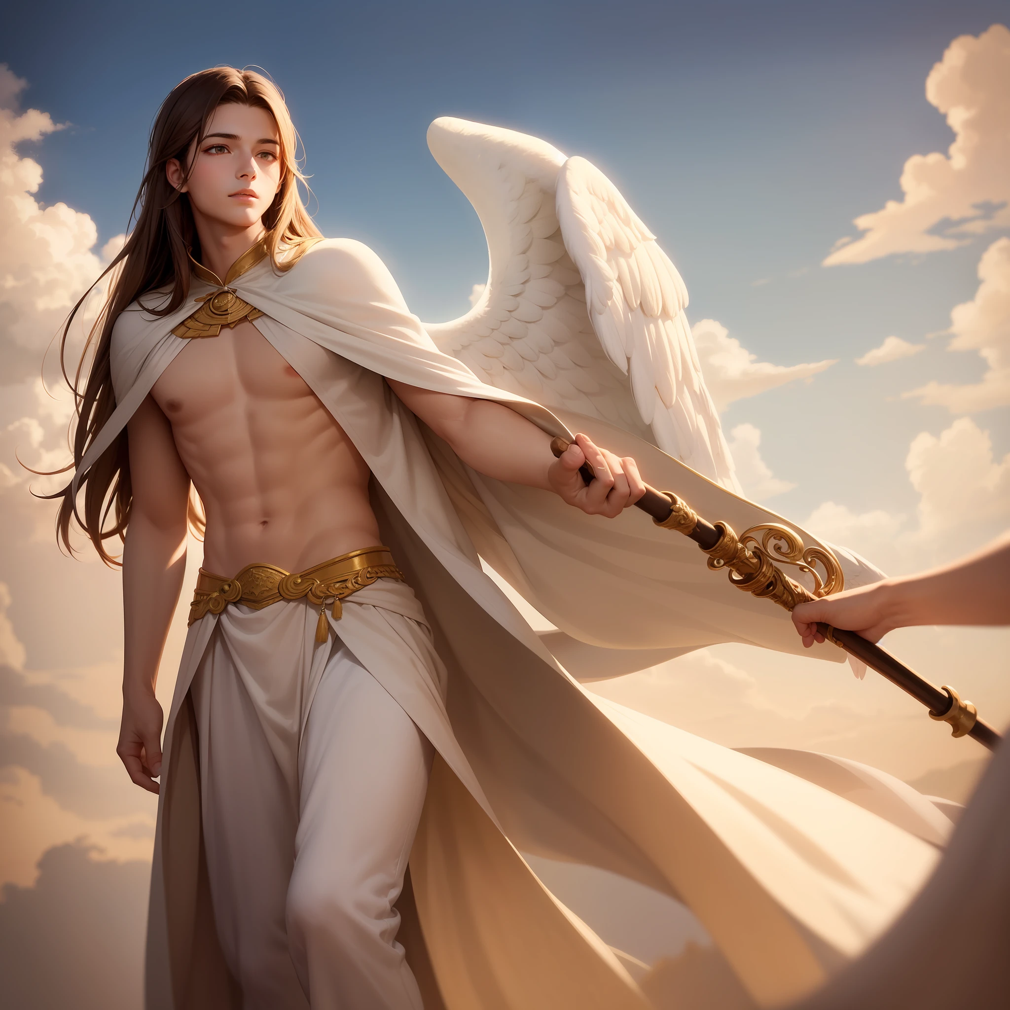 1boy, angelic face, long flowing brown hair, large angel wings large white feathers, long clothes like that of a greek god long and white with golden details, light brown eyes almond and bright, holds a spear resting on the ground, other angels like him are around him, are surrounded by white and bluish clouds --auto