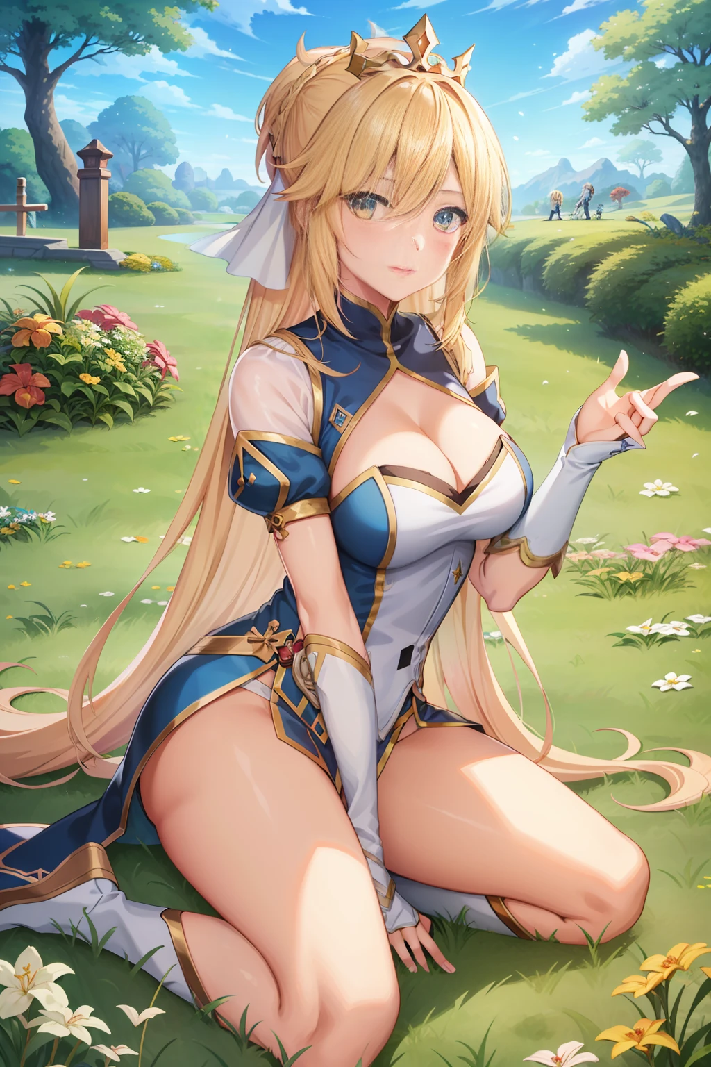 anime girl with long blonde hair sitting in the grass, blonde anime girl with long hair, artoria pendragon, marin kitagawa fanart, portrait knights of zodiac girl, ayaka genshin impact, cushart krenz key art feminine, blonde - haired princess, anime goddess, ayaka game genshin impact, keqing from genshin impact, digital anime illustration