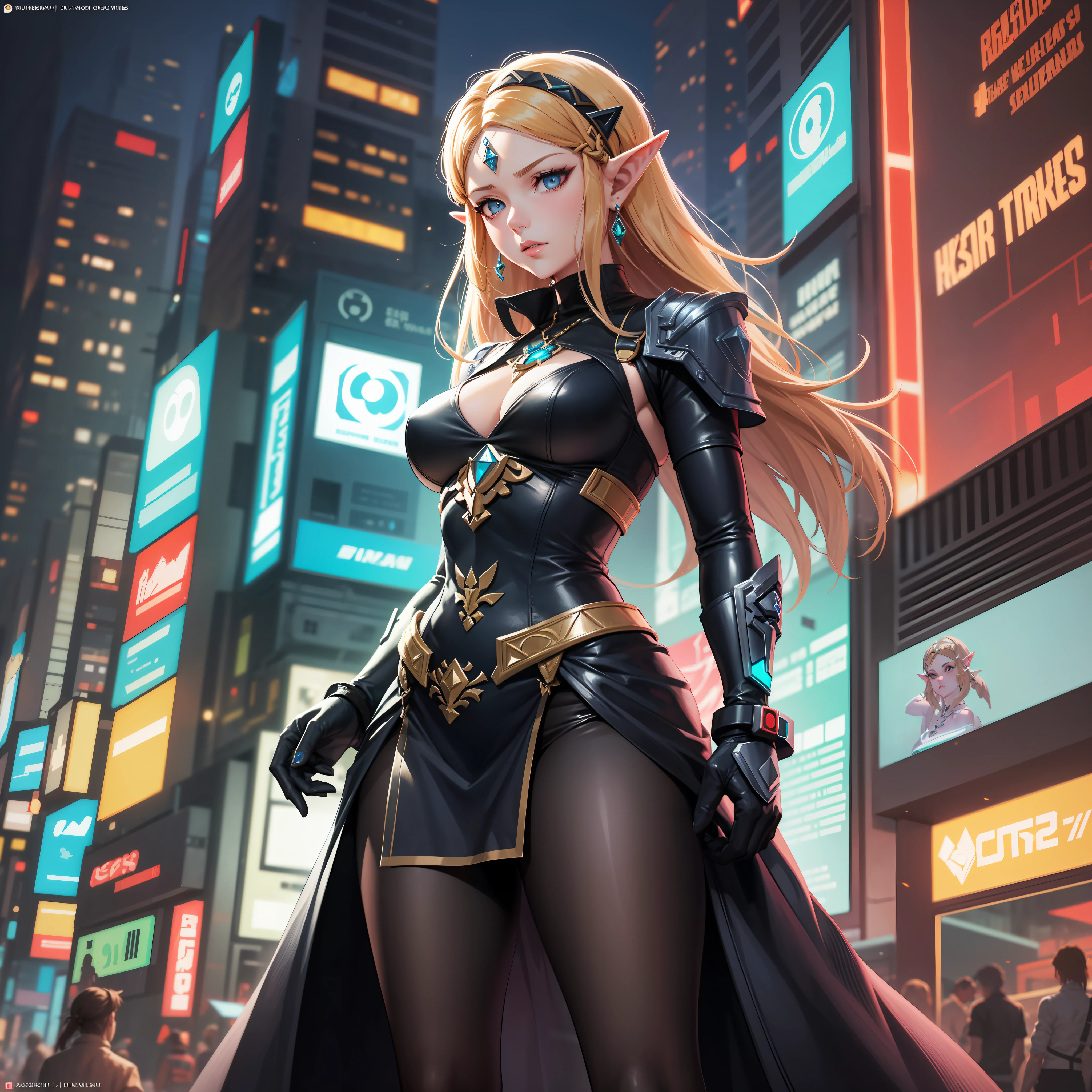 "Type of Image: Fan Art
Subject: Princess Zelda from the Legend of Zelda franchise reimagined in a cyberpunk world. Zelda is portrayed with her usual elegance but with an edge, she's wearing futuristic yet regal attire. Her dress and jewelry incorporate LEDs and neon lights, and she has neural-interface circuits running from her temples. She's holding a lightblade version of the Triforce. The backdrop is a high-tech Hyrule city, bathed in neon lights, with large digital screens displaying Hylian script.
Art Styles: Cyberpunk, Futuristic
Art Inspirations: Josan Gonzalez, Yoji Shinkawa."