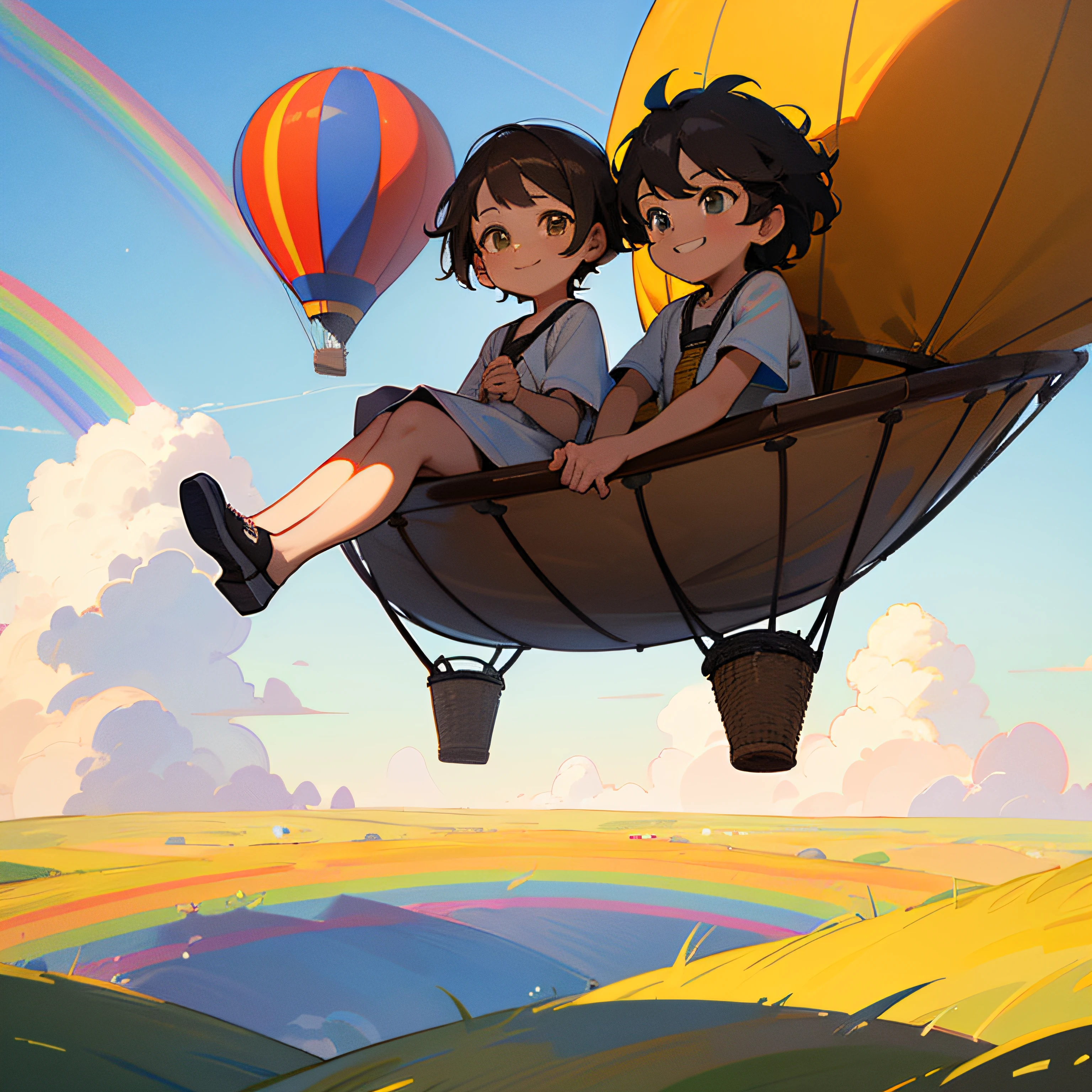 (Masterpiece, best ultra HD quality) Two children sitting in a hot air balloon flying in the sky, smiling, fine facial features, sun, clear blue sky and white clouds, rainbow, meadow, summer - ultra HD quality --auto