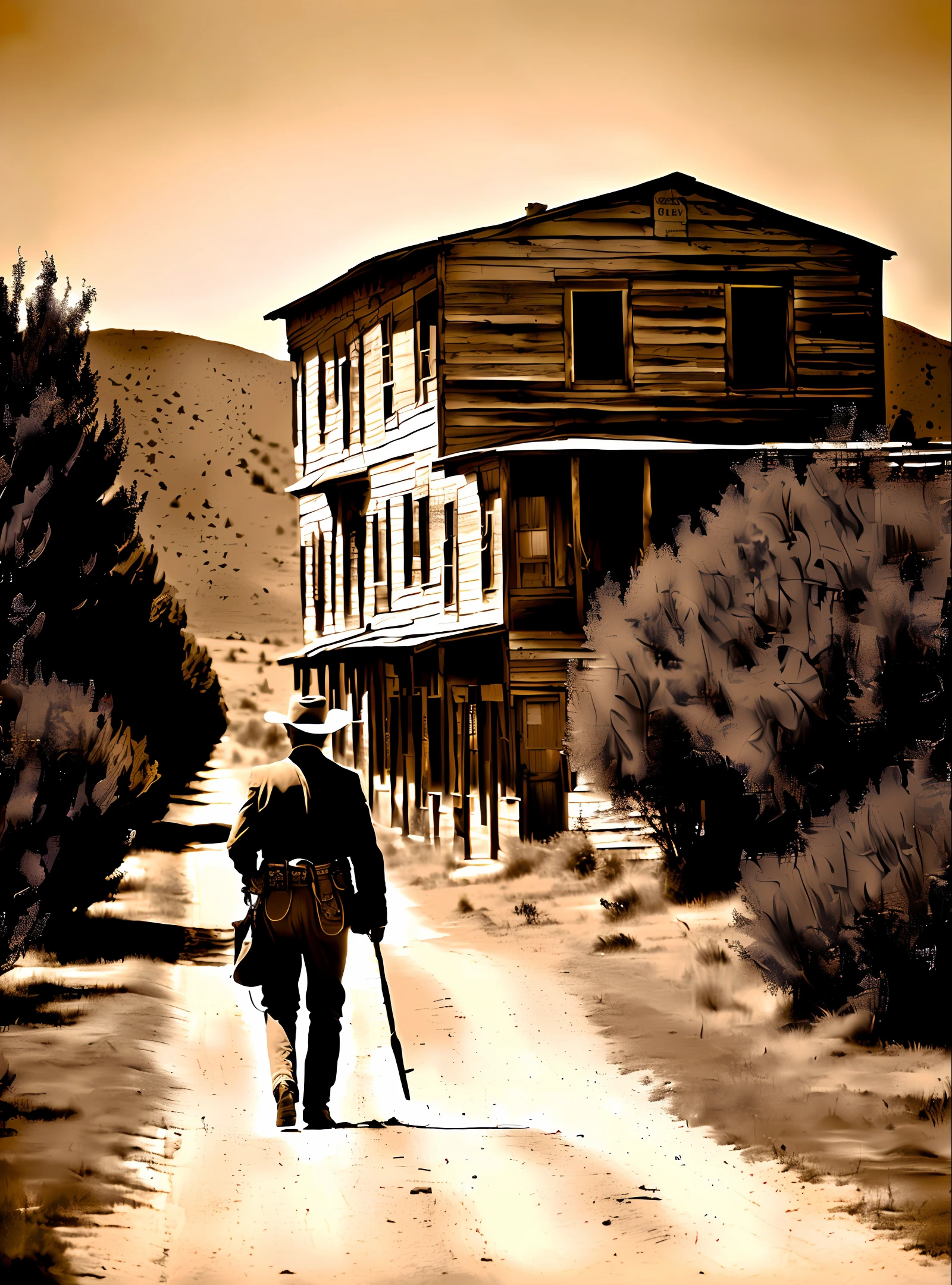 A realistic photograph of a cowboy walking through an abandoned town in a sepia-toned, monochromatic style reminiscent of the Old West. The image is rich in details, capturing the essence of the era, and is rendered in high definition, bringing the scene to life.