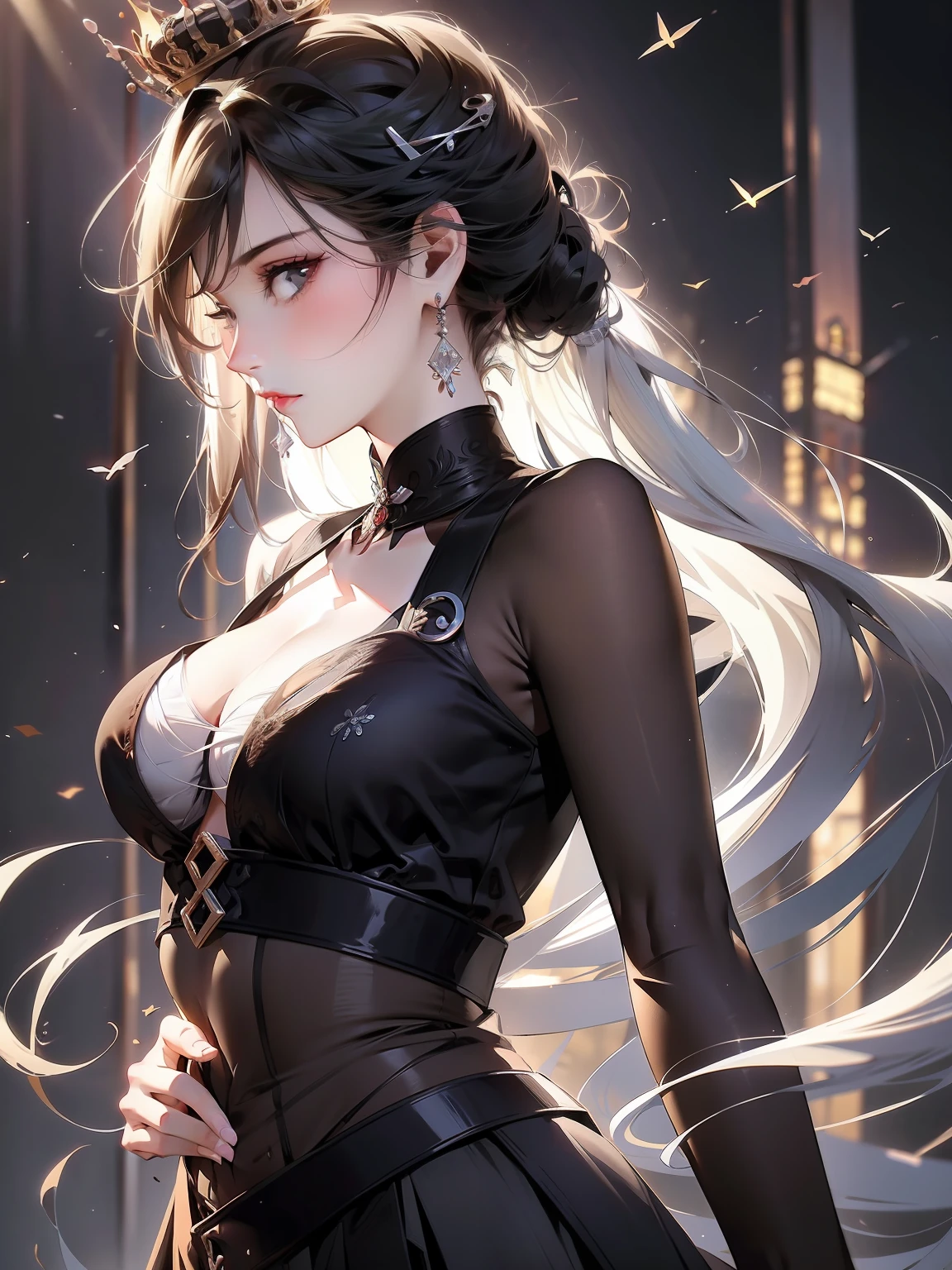 {profile picture}, {an extremely delicate and beautiful girl}, cg 8k wallpaper, masterpiece, cold expression, handsome, medium breastsupper body, looking at viewer, fashion skirt, cute t-shirt, rainbow hair, greyish eyes, beautiful detailed eyes {{a black cross hairpin}}, handsome,Hair glows,dramatic angle,diamond crown,earrings,