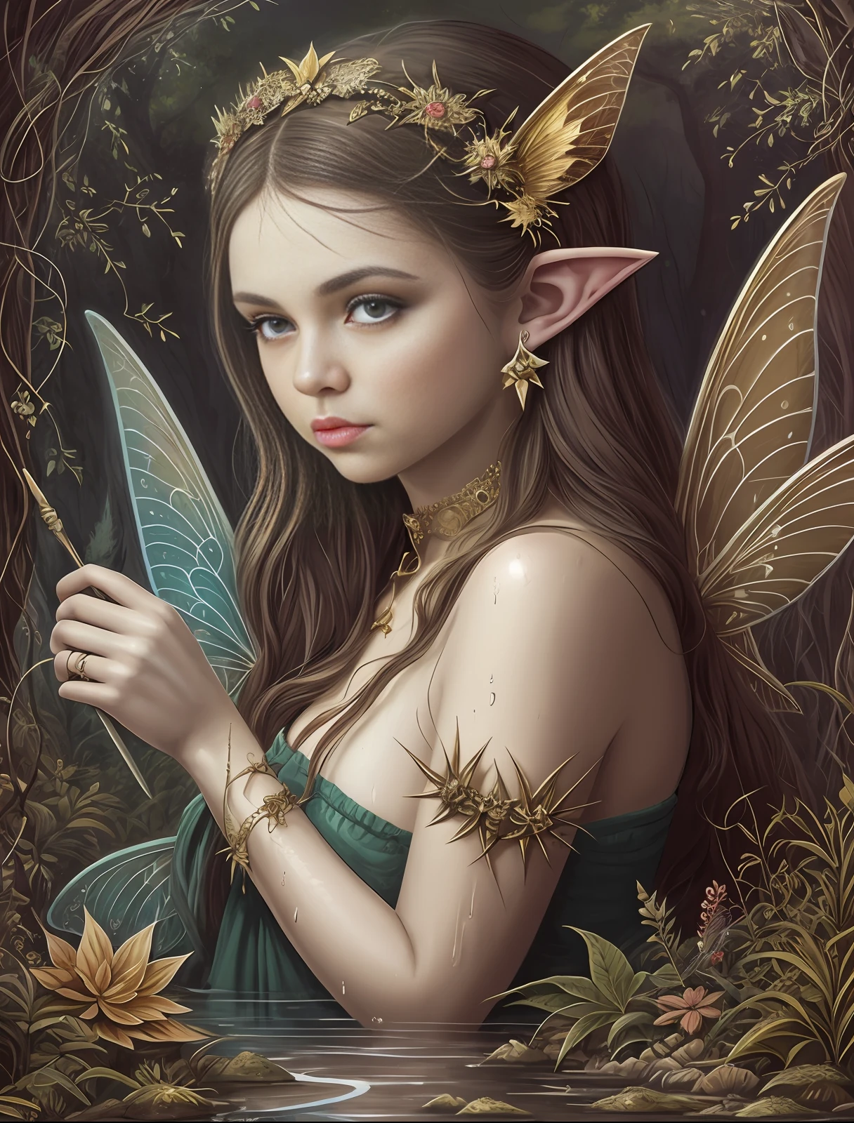 Imagine a (closeup) image that encompasses this concept- Subdued Animals Illustrative, creatures, Pointed ears are prevalent, and translucent wings make an appearance, this gritty faerie world has more in common with the Fae pirates of than with the pastoral fantasies of most contemporary faerie illustrators. It also has more in common with the style of the Golden Age illustrators than with superb draftsmanship and judicious application of color and texture. **A Serious of Unfortunate Events, Striking Sepia toned landscape, little characters and critters, (boho faerie eyes big) Eyes shining, thorns, micro details, ink drip dripping, paint dripping, wet canvas, surreal ,beautiful high definition acrylic art intricate details, Masterful use of texture is one of the aspects of these type of fantasy image that is most appealing. Even in simple pencil drawings, there is a feeling for the visual textures and tactile surfaces of the real world that informs and enlivens the fantasy settings. Within the sub-genre of Victorian painting, there is Golden Age illustration and contemporary fantasy art that is sometimes called faerie art or fairy art. It dwells on those imaginary miniature denizens of woodlands and fields who are often portrayed with pointed ears and gossamer wings. Style features Subdued Animals Illustrative