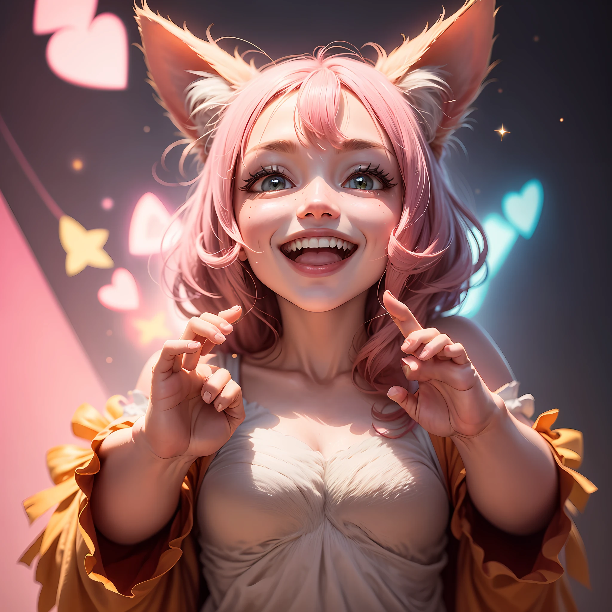 The image depicts an adorable cat in papaya pink with a wide smile on his face. He's lifting one of his front paws in a gesture of greeting, as if he's giving congratulations. The cat is also sending a kiss, with its lips formed by a bright pink heart. In the background, there is a light pink background, with some bright stars scattered around, adding a magical touch to the image. --auto