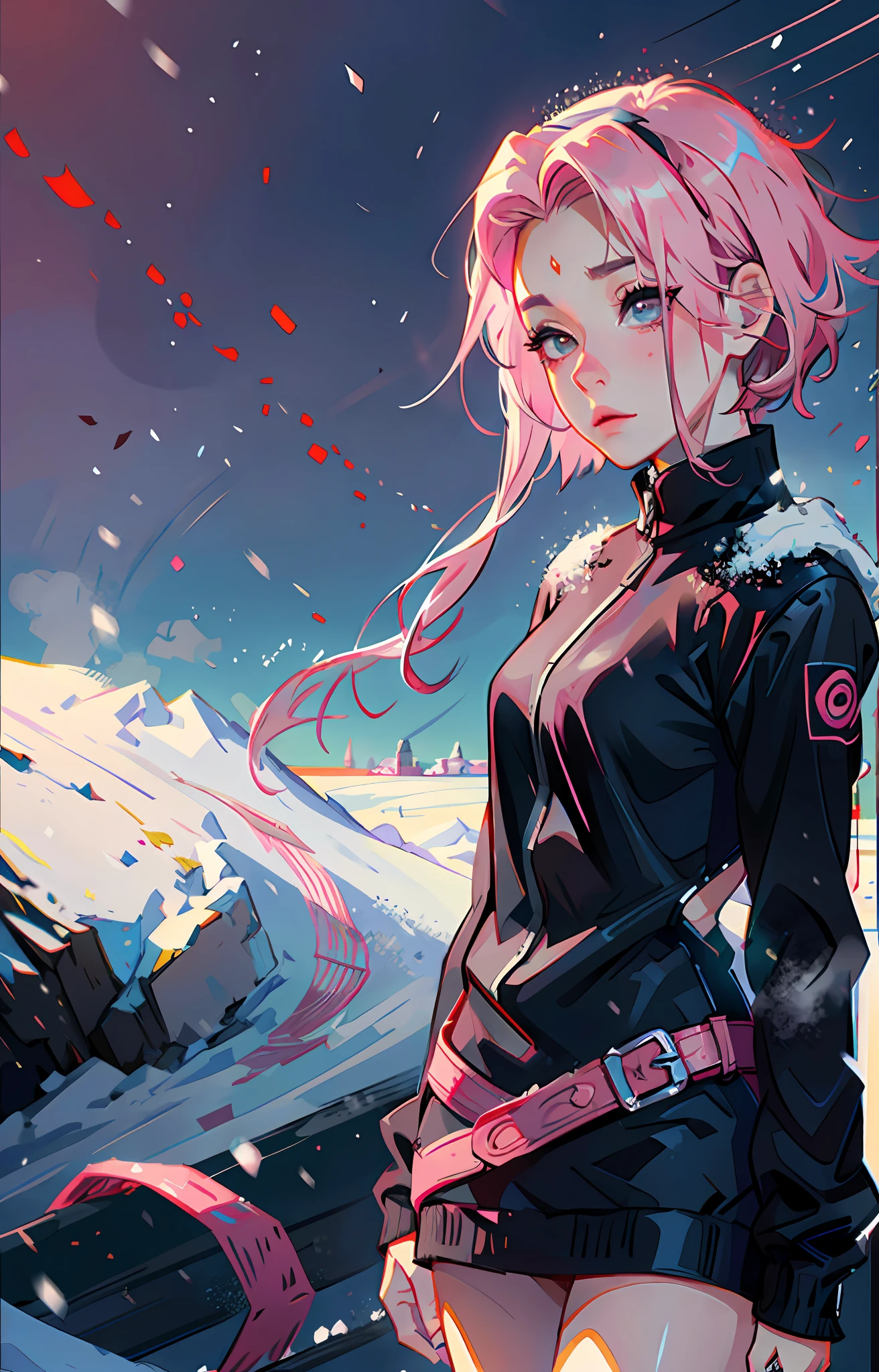 Sakura haruno, ((solo)), alone, ((forehead to show)), elegant,wearing black sweater, pink hair, delicate, young, short hair, detailed face, high definition, ((full body)), (snow around her), whole body, ((snowy day)), looking at the sky, she is a beautiful woman contemplating the snow, face with high quality, love