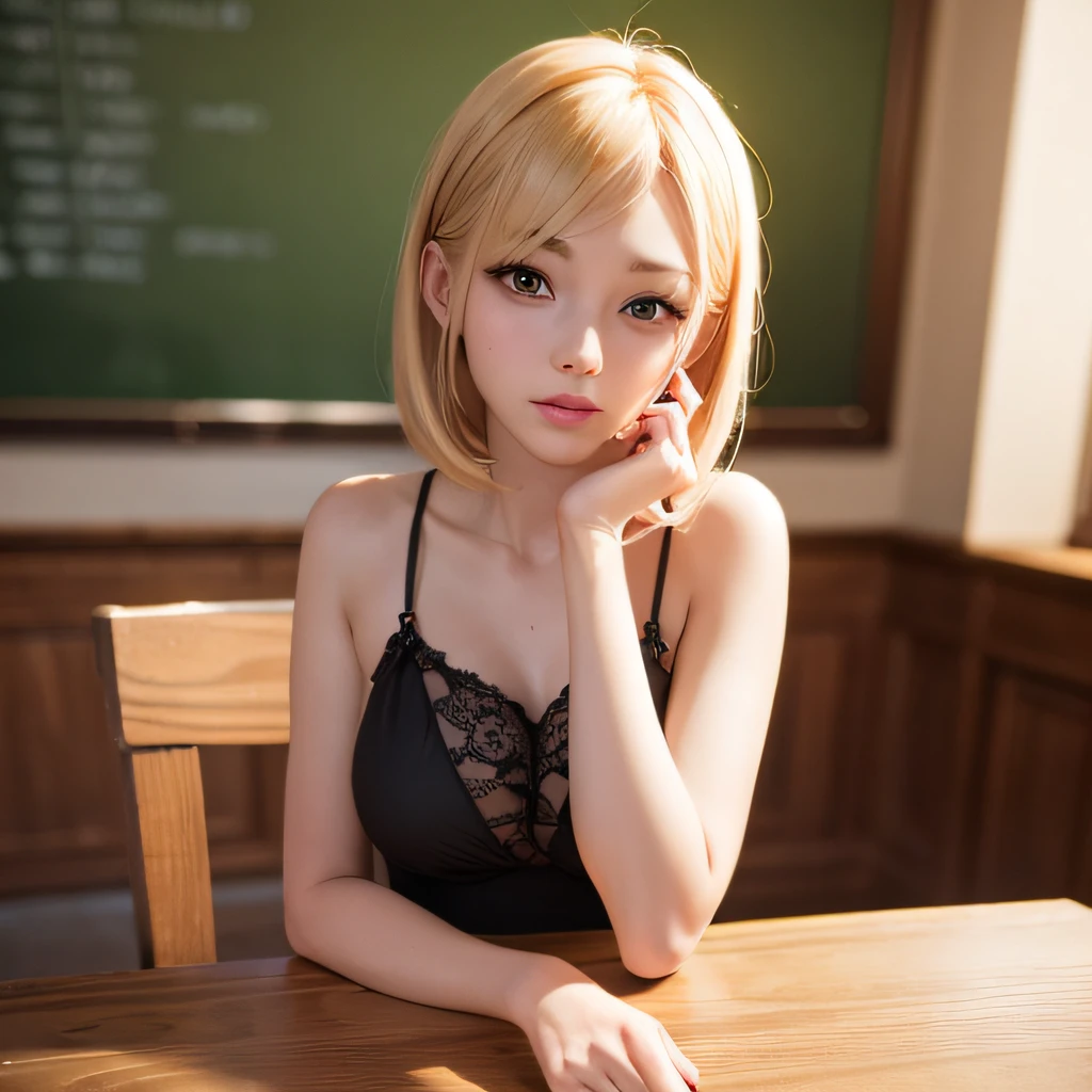 arafed european woman with small chest sitting at a table, hyper-realistic student, hyper-realistic student, young realistic engraving idol, realistic student, seductive anime girl, hyper realistic anime, photorealistic anime, realistic sensual engraving idol, ultra realistic image, realistic 3d anime style, soft anime cg art, short blonde hair, green eyes, unreal engine, cinematic quality --auto