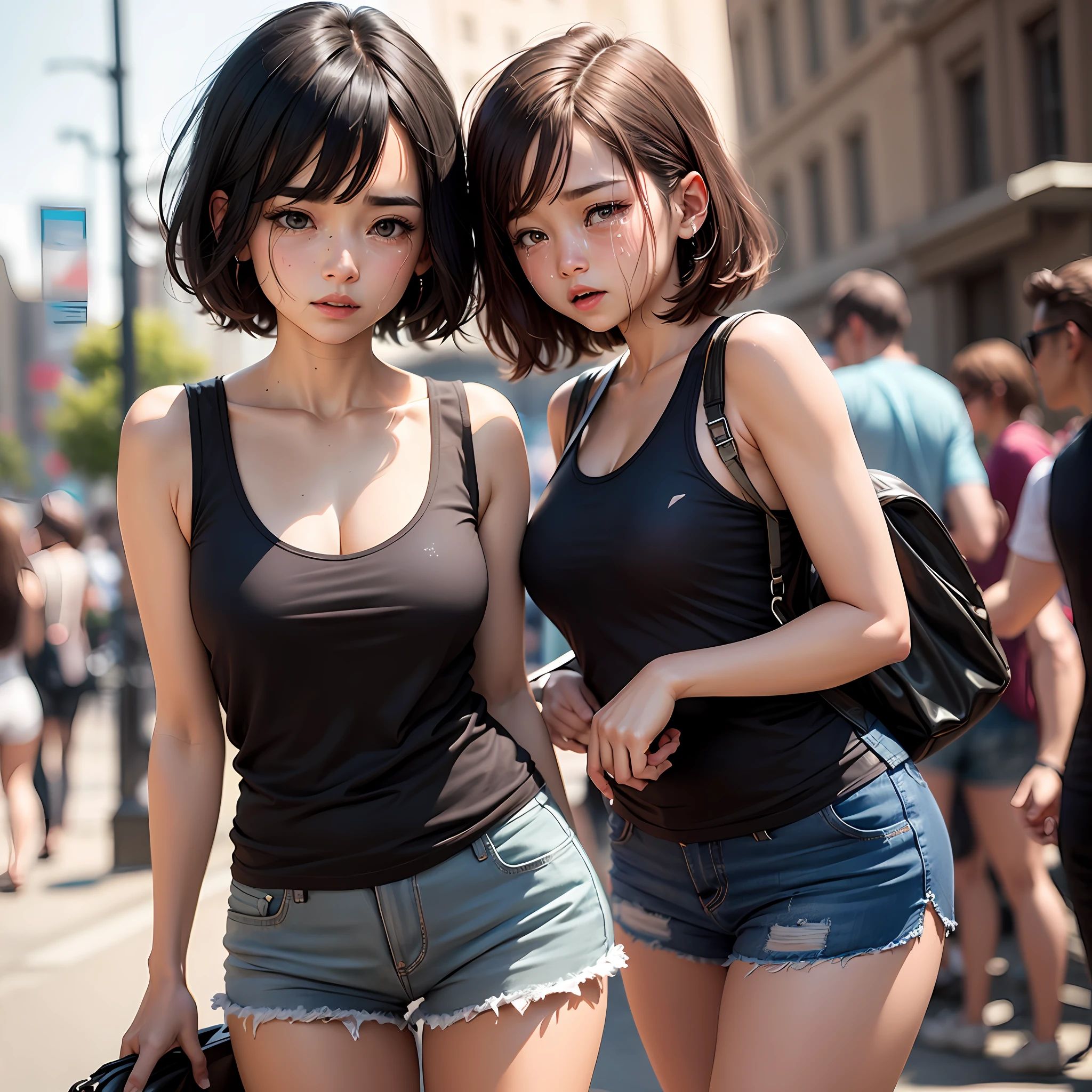 Short Cut Girl Crying Face Tank Top Black Mini Skirt --auto