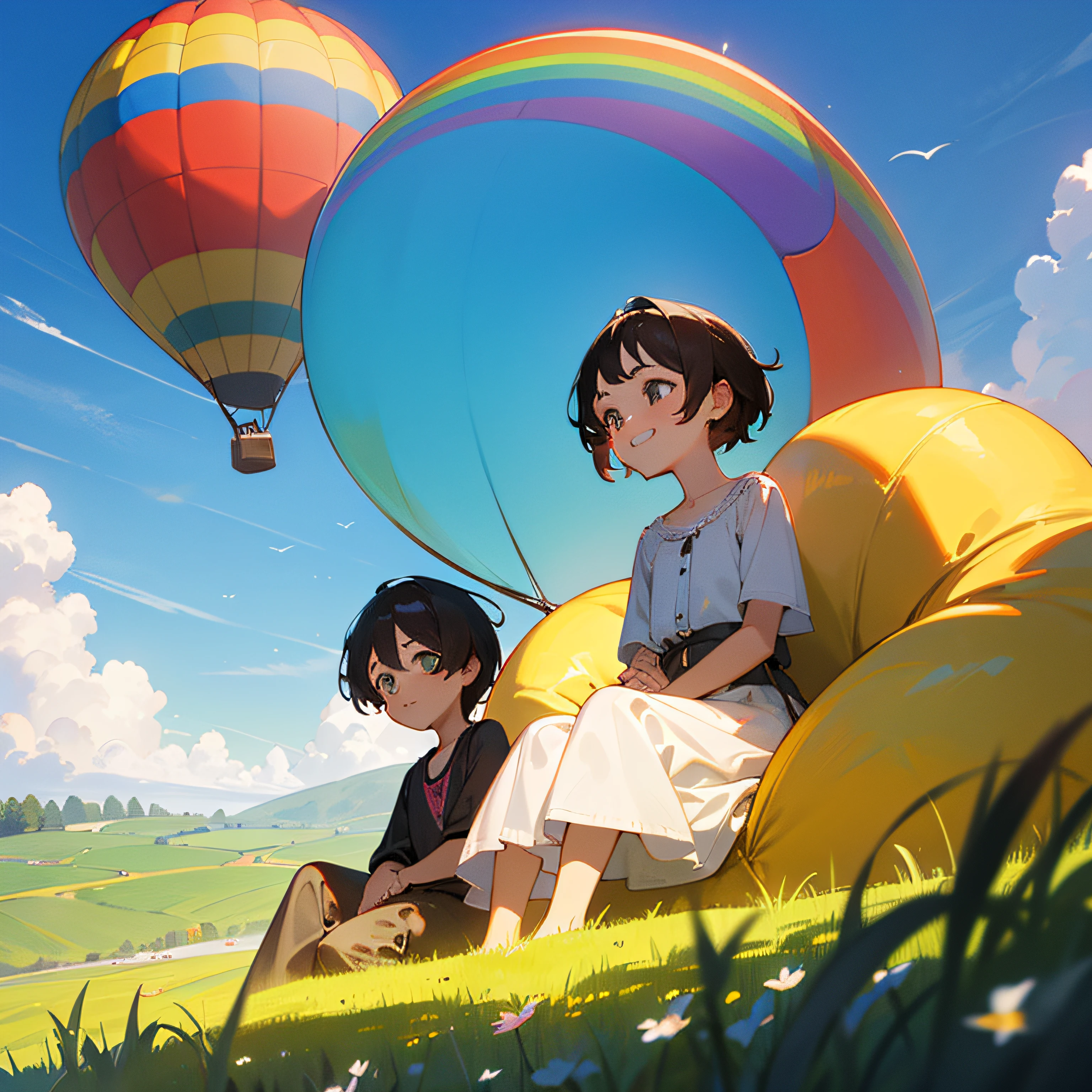 (Masterpiece, best ultra HD quality) Two sitting in a hot air balloon flying in the sky, smiling, fine facial features, sun, clear blue sky and white clouds, rainbow, meadow, summer - ultra HD quality --auto