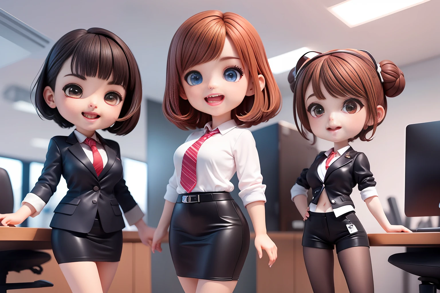 full body, chibi, (masterpiece), (best quality), (super detailed), (full body: 1.2), (girl))), 1 office lady at 20 years old, lunch with colleagues, cute, smile, open mouth, very slim body, blush, black suit, short hair, company, office, blur, brown hair, black skirt, bangs, black hair, (beautiful detailed face), (beautiful detailed eyes), Dynamic poses, dynamic angles,