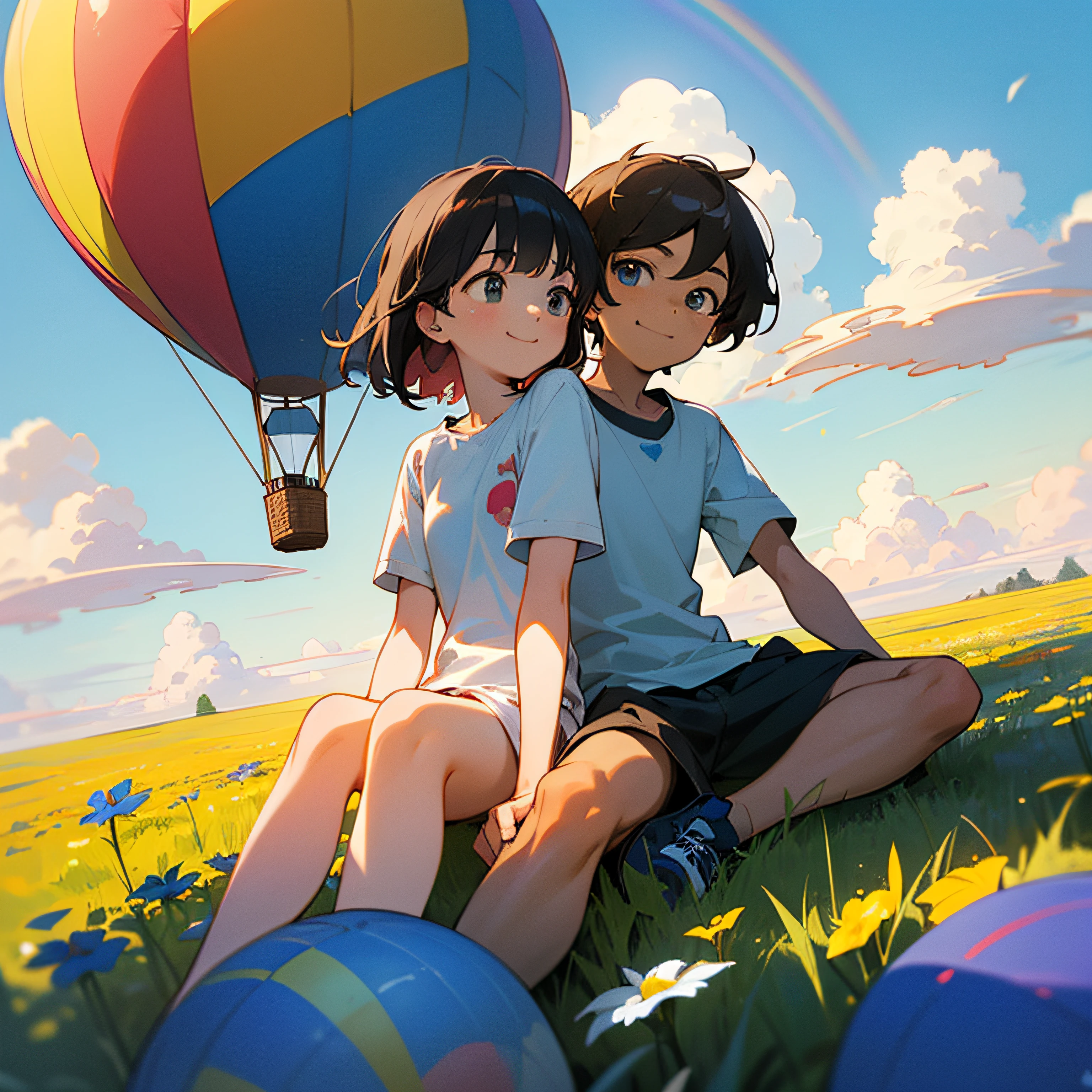 (Masterpiece, best ultra HD quality) Two children sitting in a hot air balloon flying in the sky, smiling, fine facial features, sun, clear blue sky and white clouds, rainbow, meadow, summer - ultra HD quality --auto