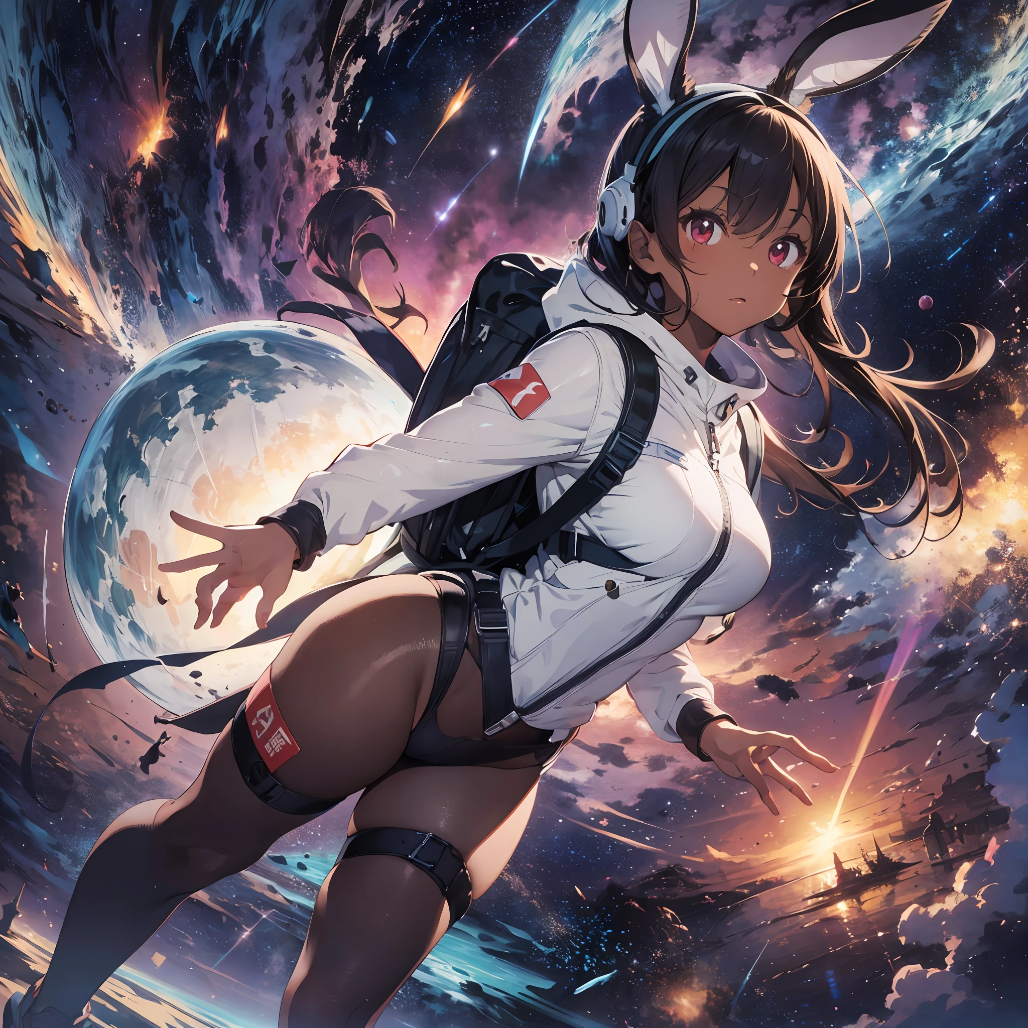 Spacesuit, background is outer space, space debris floating, natural luminescence, thick eyebrows, (huge backpack: 1.5), (dark skin: 1.3), brown skin, movie lighting, small breasts, rabbit ears, (masterpiece), ((best quality)), (super detailed), shiny skin, full body anime girl, clean and detailed anime face, high resolution anime eyes, five fingers, Textile shading, perfect human structure, perfect anatomy,