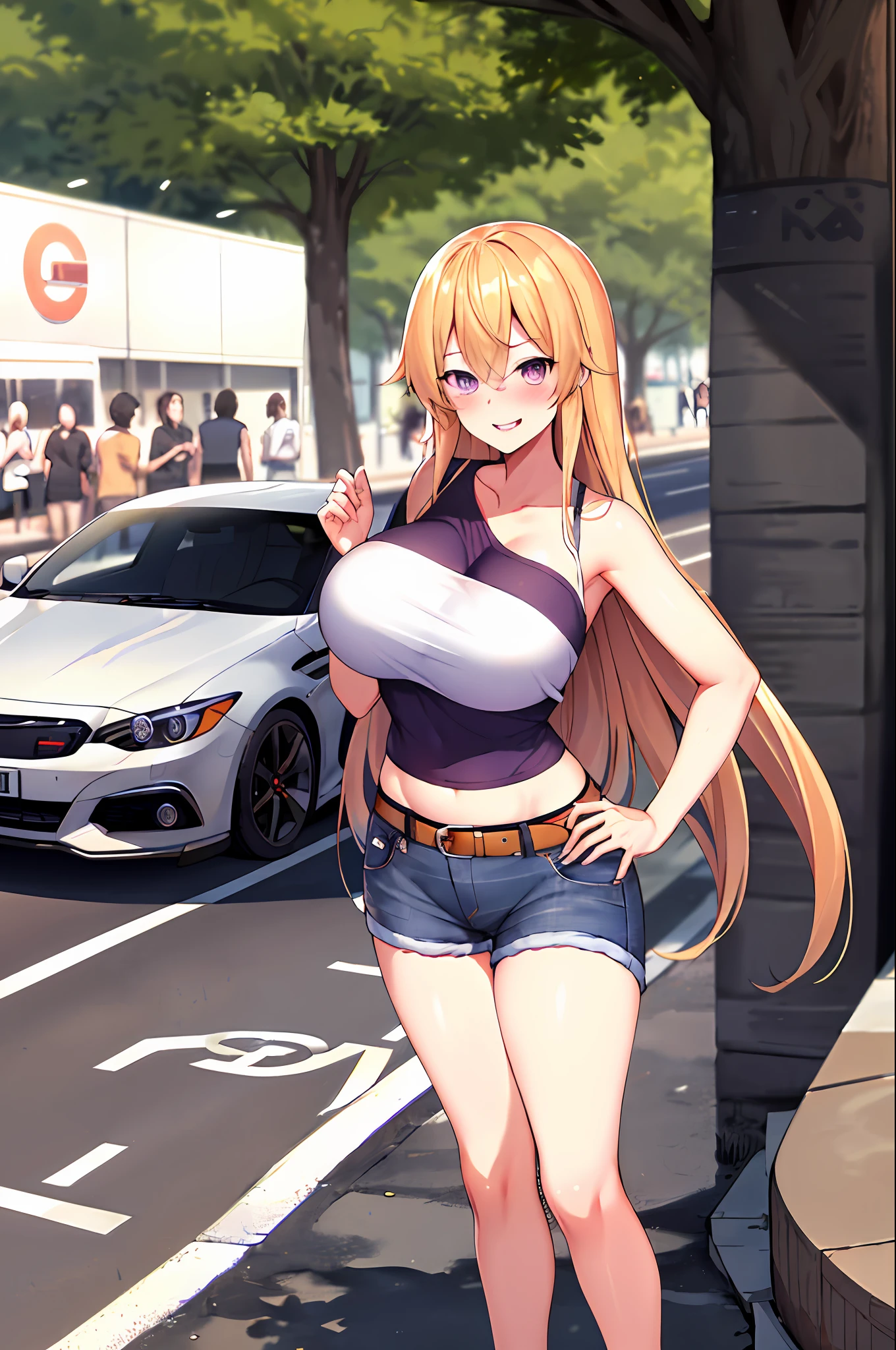 masterpiece, best quality, highres, nakiri erina, blonde hair, purple eyes, long hair, large breasts, oversized cool t shirt, stocking, cleveage, belt, short jeans pants, owboy shot, standing, looking at viewer, city road, outdoor, modern city road, blush, shy, smile, show teeth, sexy pose, short pants, jacket, bare shoulder, sport car, cool car, racer, car model,