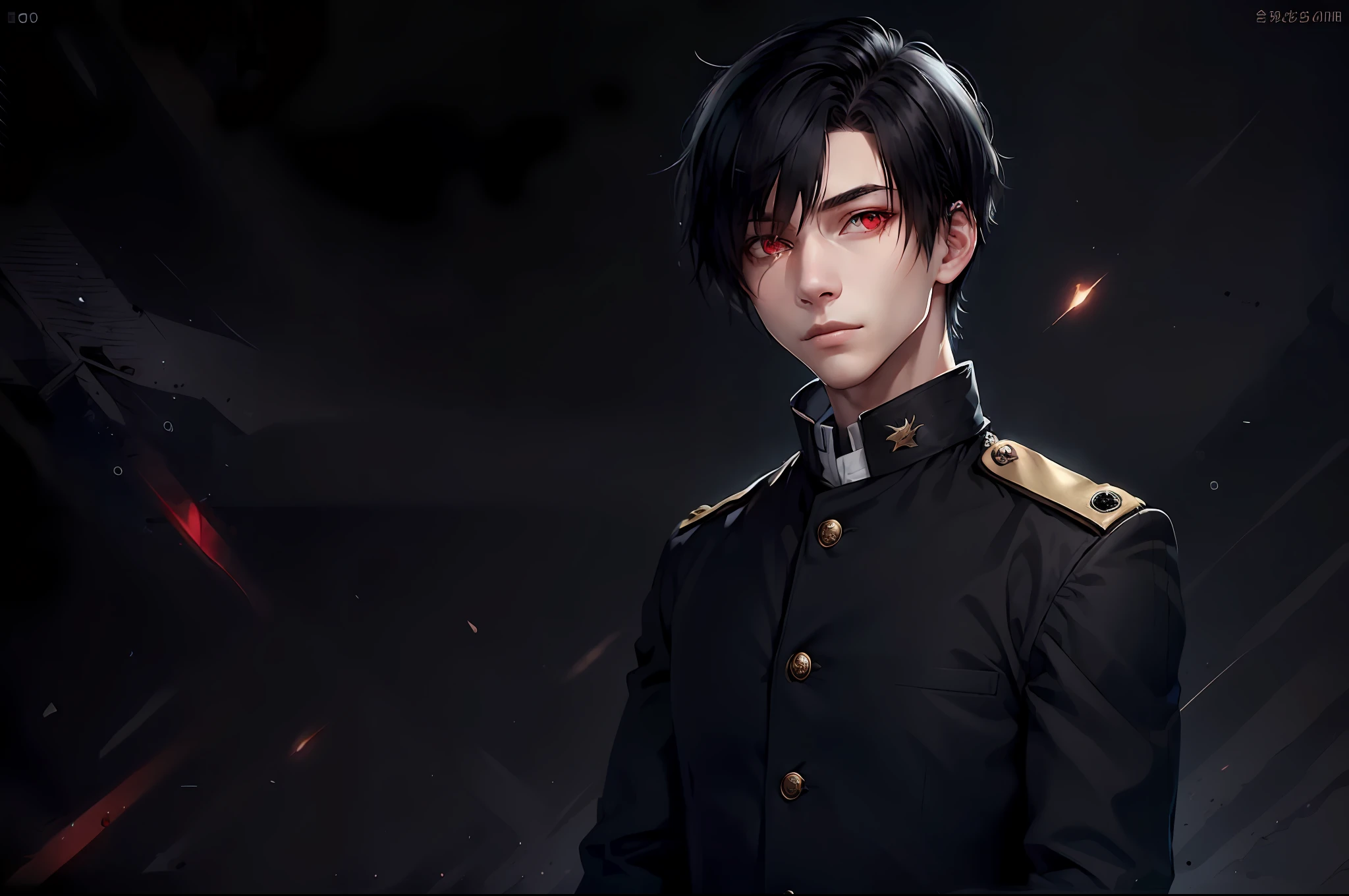 Man, adult, short black hair, red eye, military uniform.