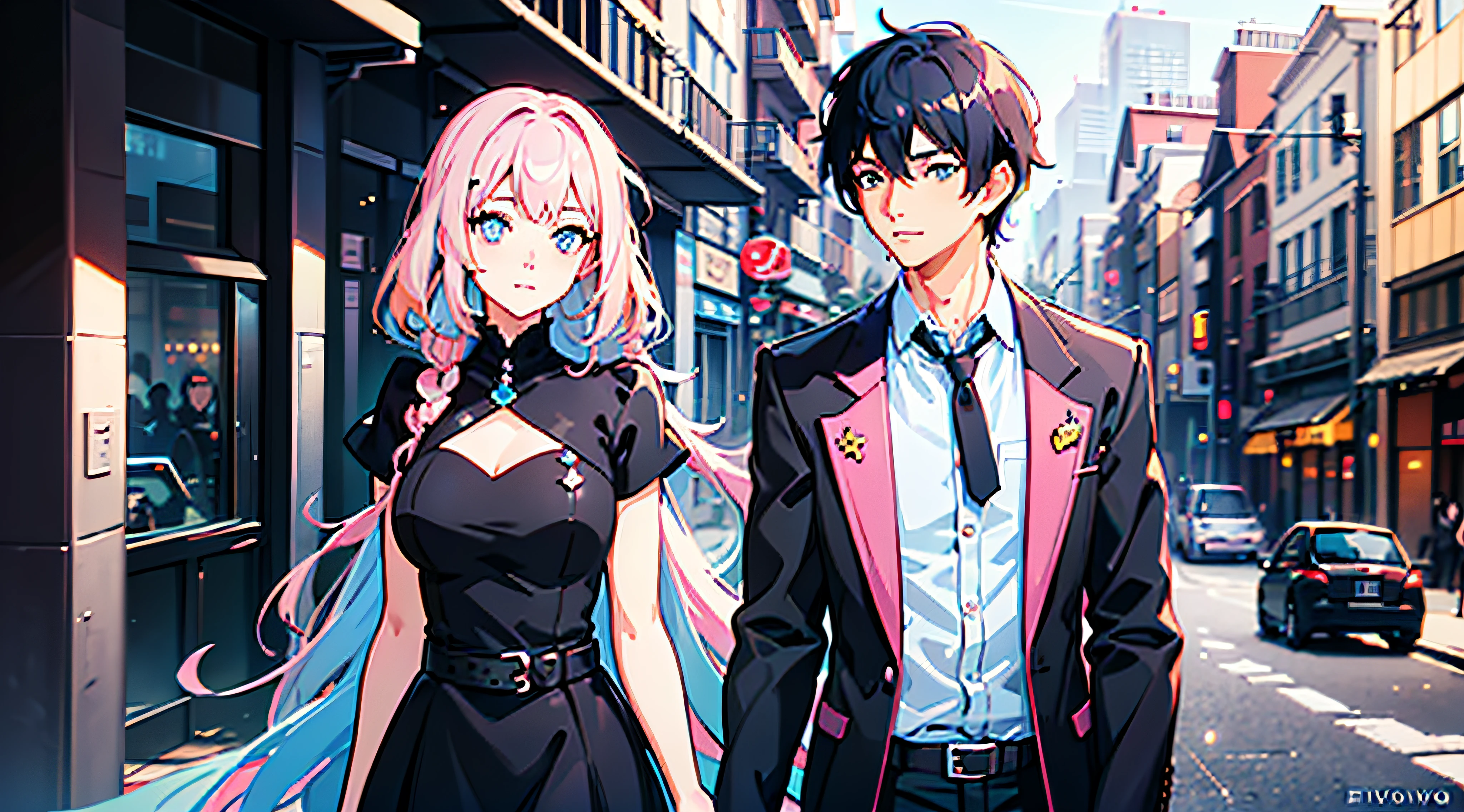 (woman with pink hair, sparkling light blue eyes)+(man with black hair and bright dark blue eyes)+(anime style Ilya Kuvshinov:1.2)+(couple on their honeymoon)+(full body image in high quality)