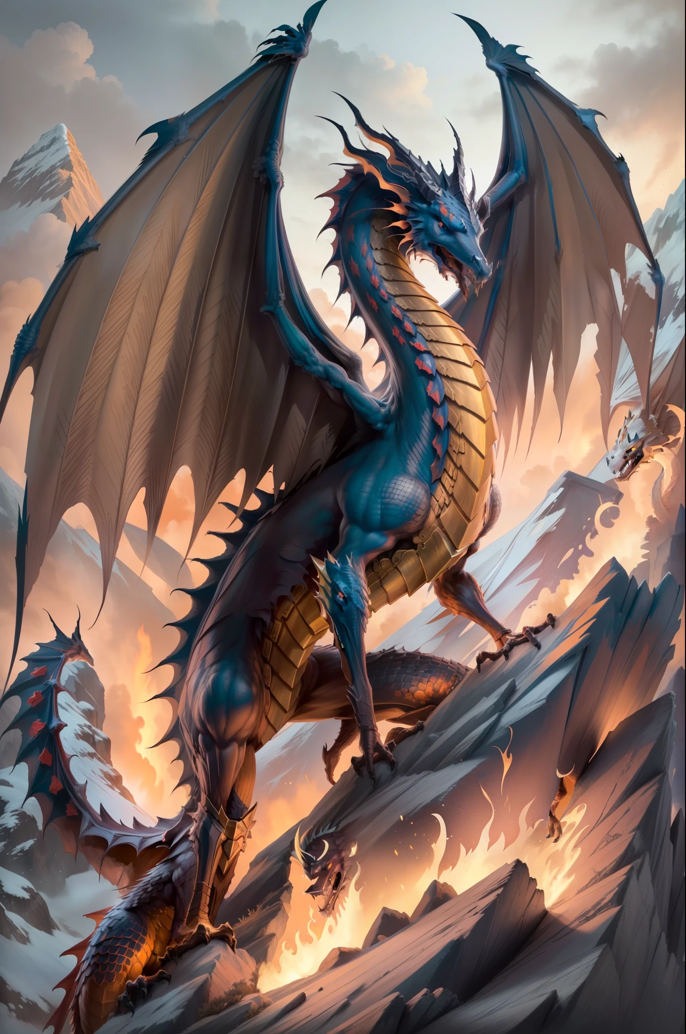 (masterpiece, best quality),  intricate details,
 fire dragon, standing on the side of a mountain, wings flared menancingly,