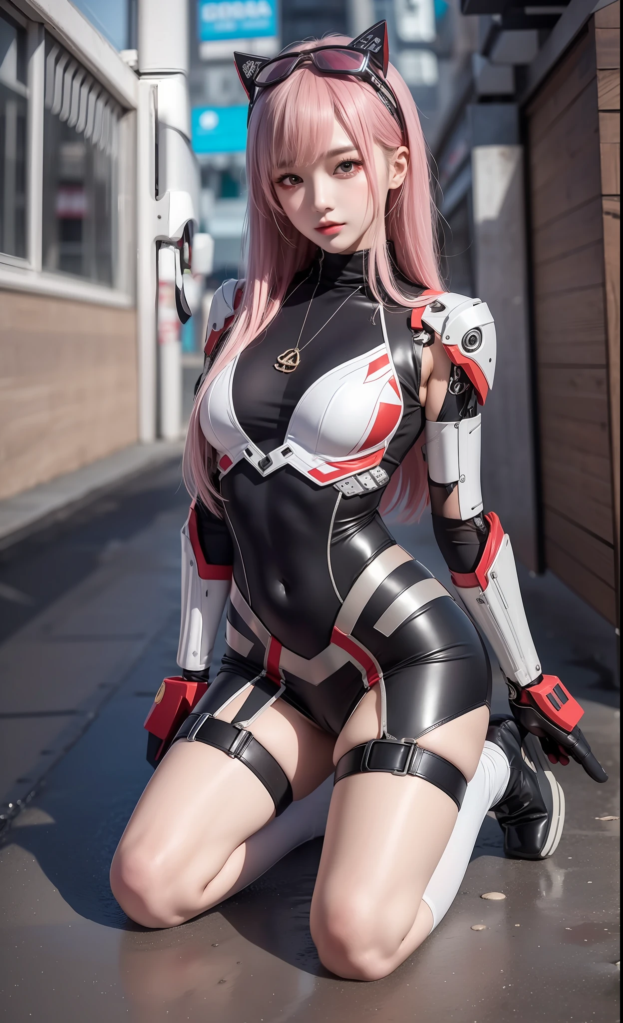 Top quality, delicate face, 20-year-old kpop idol girl, red cyborg body, (medium chest: 1.5), metal structure skeleton, mechanical joints, bangs, seaside, kneeling, beach, (Pafia Leola), (camel toe, camel toe, 1.2), cyberpunk, sci-fi, skirt.