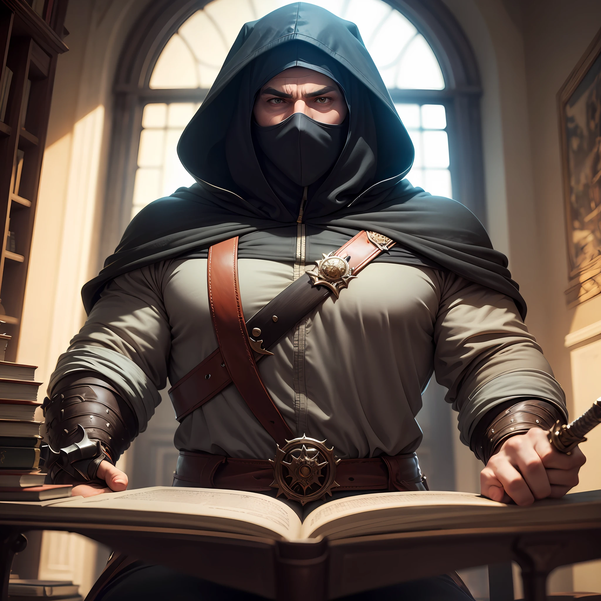Strong man reading, without showing face, hooded, luminous book, meditating, around swords, swords, many books, super realistic, masterpiece, ((best quality, 8k)). All sharp, extremely sharp. --auto