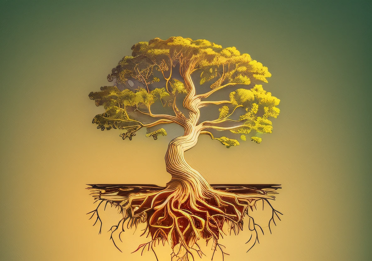 a tree with roots and water in the middle, rooted lineage, tree of life seed of doubt, yggdrasil, ancient tree, tree of life, the tree of life, root system, golden sacred tree, collective civilization tree, tree roots, living tree, roots, highly detailed illustration, cosmic tree of life, covered with roots, tall root tree background
