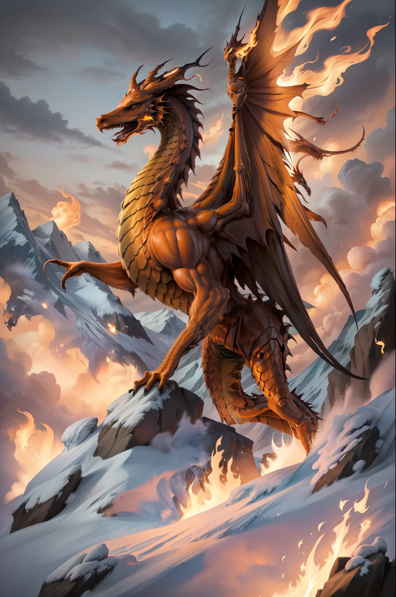 (masterpiece, best quality),  intricate details,
 fire dragon, standing on the side of a mountain, wings flared menancingly,