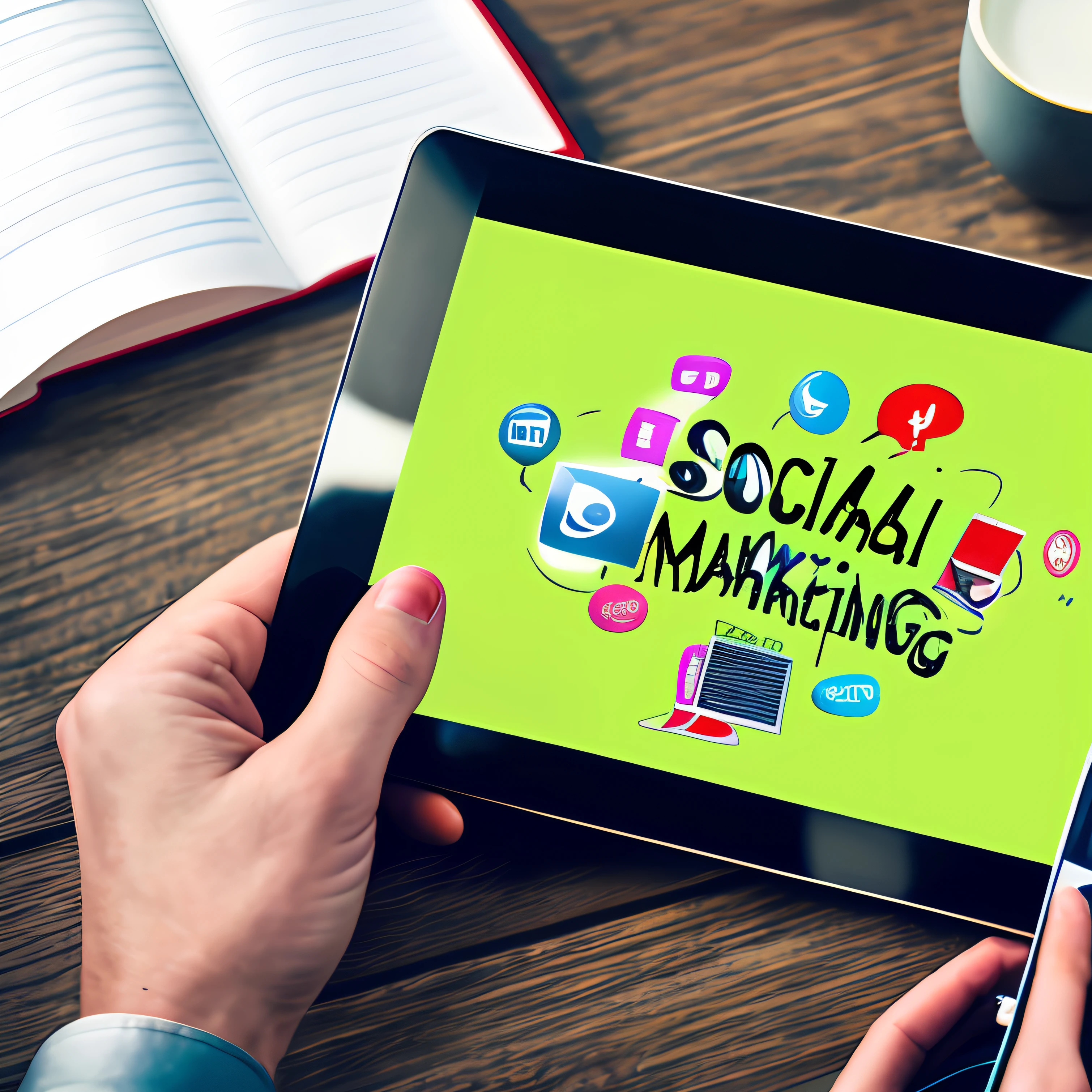 A social media in Digital Marketing using a notebook, cinematic, 8k, ((high detailed)))