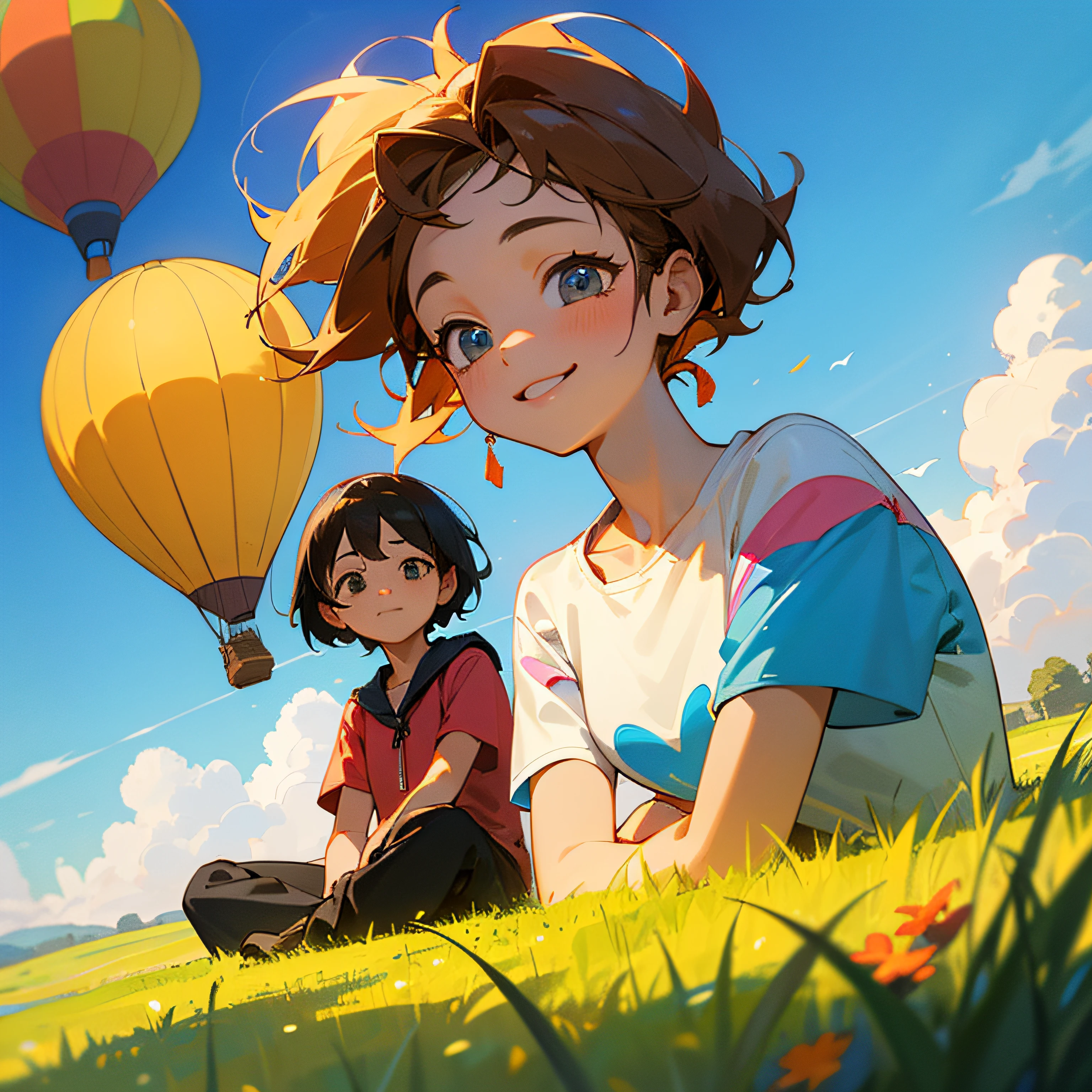 (Masterpiece, best ultra HD quality) Two sitting in a hot air balloon flying in the sky, smiling, fine facial features, sun, clear blue sky and white clouds, rainbow, meadow, summer - ultra HD quality --auto
